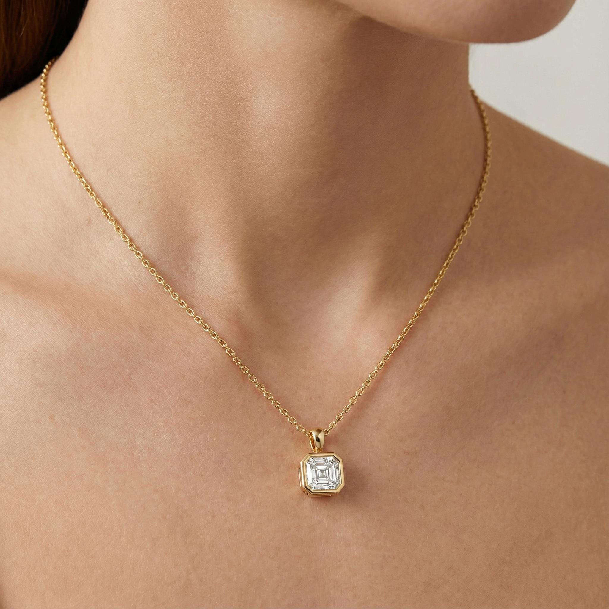 14K Gold Diamond Bezel Set Pendant  Elegant Asscher Cut Necklace  Dainty Modern Minimalist Gift For Her By JIORE