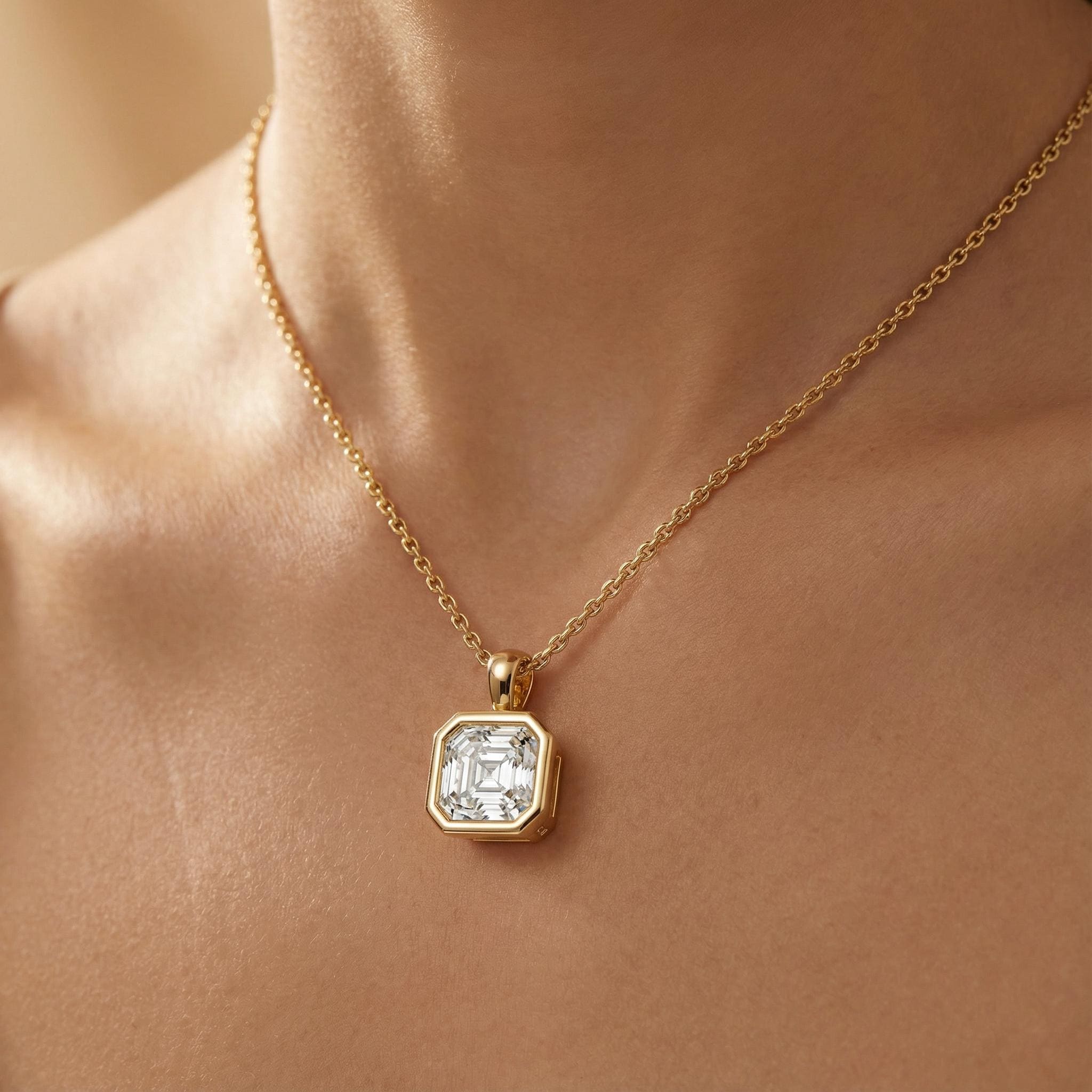 14K Gold Diamond Bezel Set Pendant  Elegant Asscher Cut Necklace  Dainty Modern Minimalist Gift For Her By JIORE