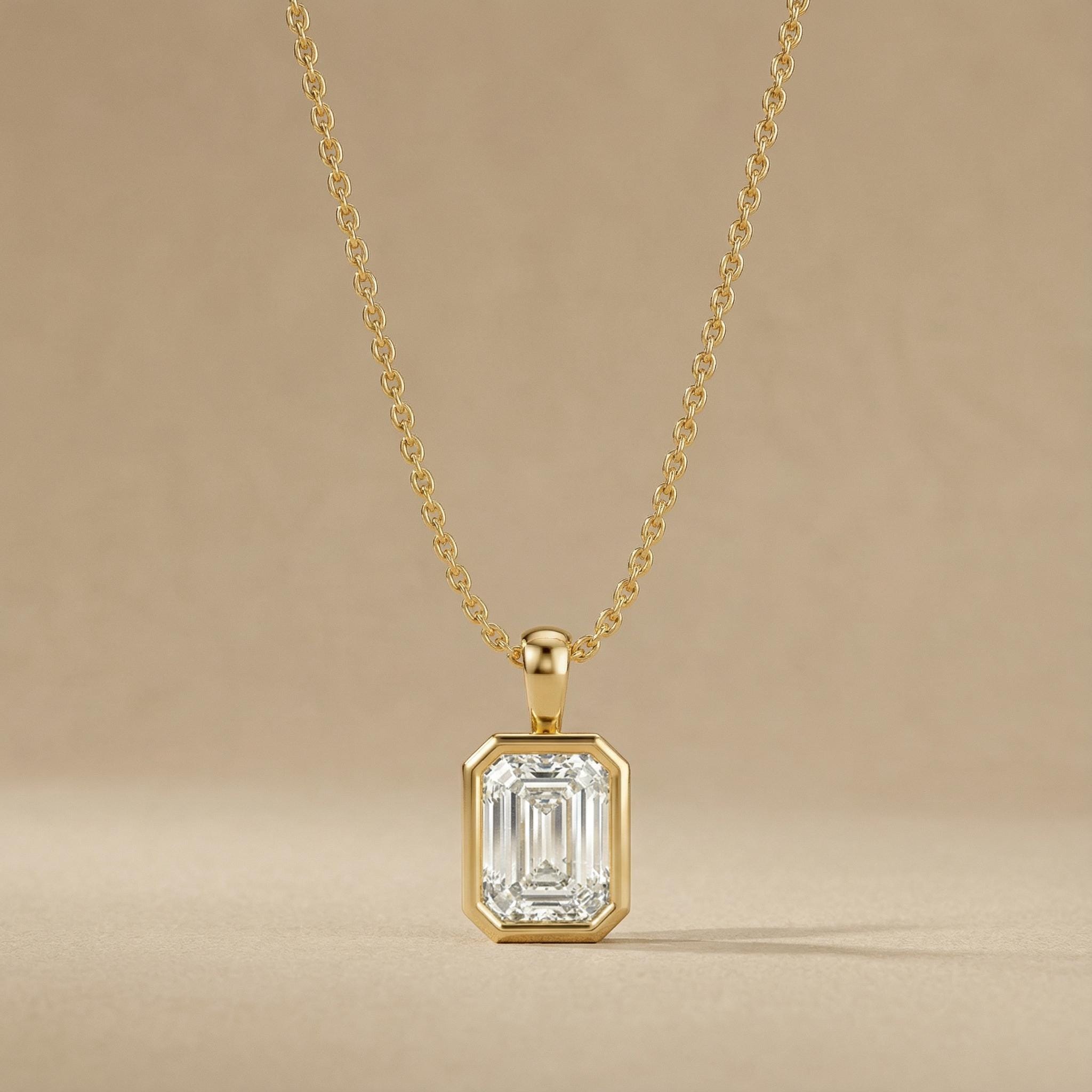 14K Gold Diamond Bezel Pendant  Elegant Emerald Cut Necklace  Dainty Modern Minimalist Gift For Her By JIORE