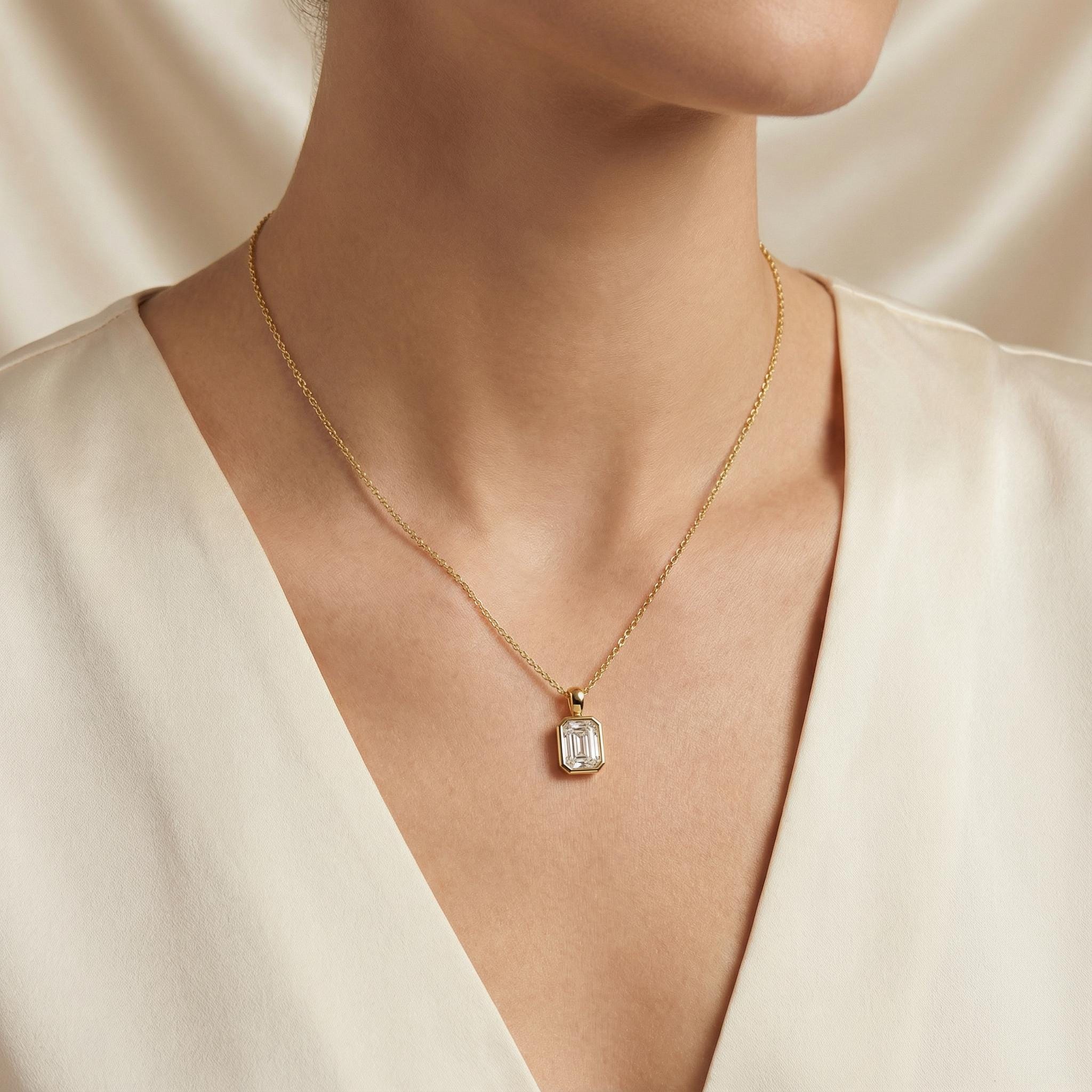 14K Gold Diamond Bezel Pendant  Elegant Emerald Cut Necklace  Dainty Modern Minimalist Gift For Her By JIORE