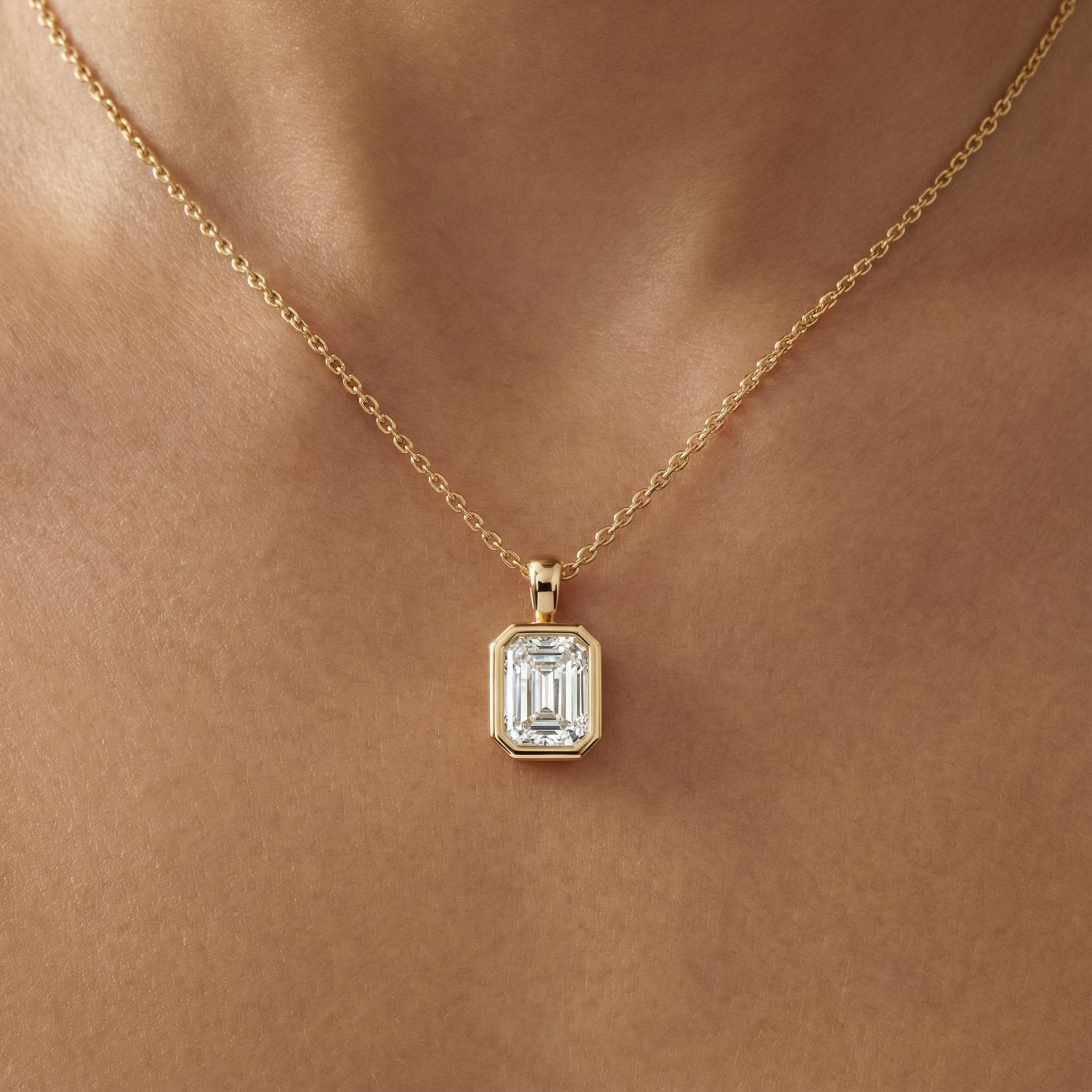 14K Gold Diamond Bezel Pendant  Elegant Emerald Cut Necklace  Dainty Modern Minimalist Gift For Her By JIORE