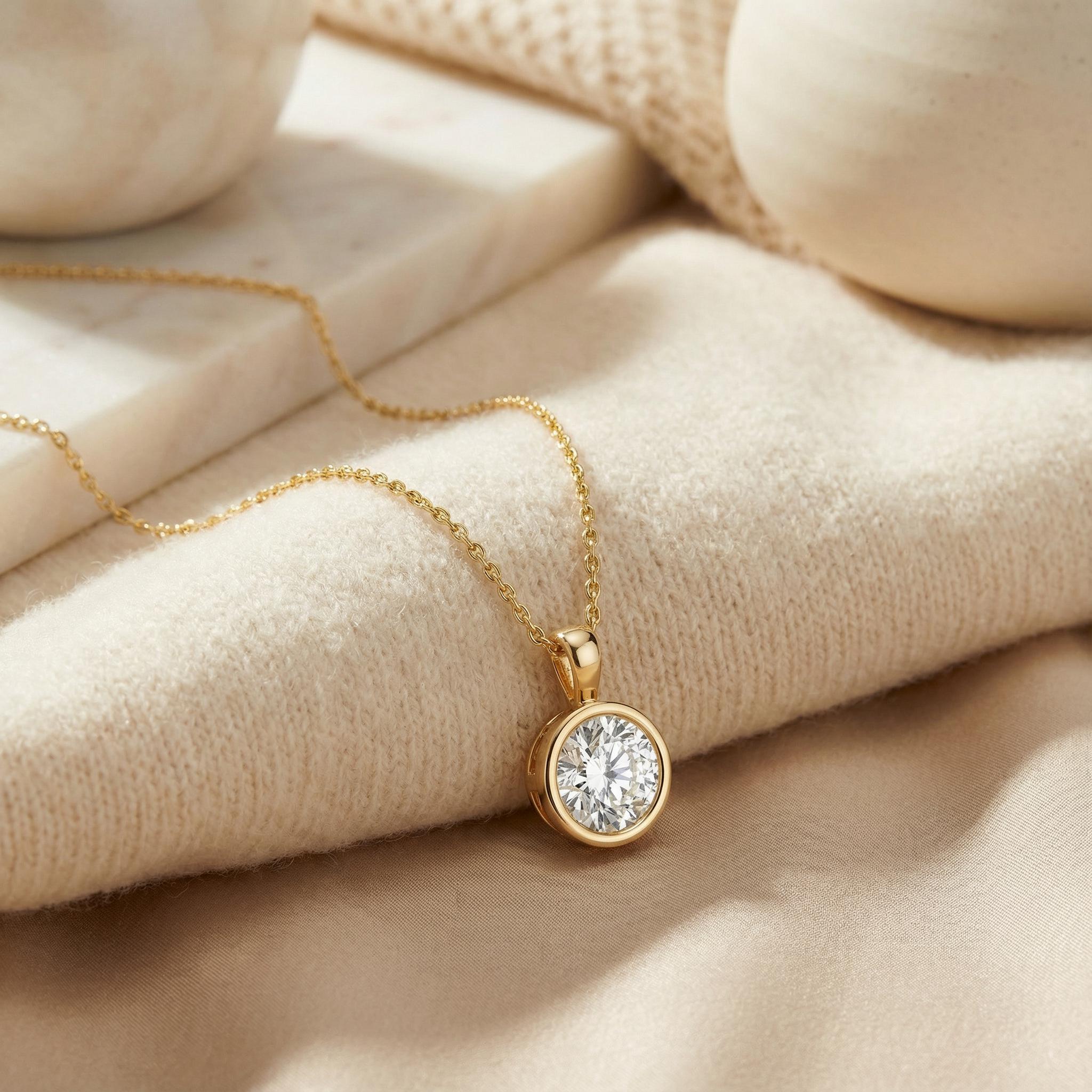 14K Gold Diamond Bezel Pendant  Elegant Round Brilliant Cut Necklace  Dainty Modern Minimalist Gift For Her By JIORE