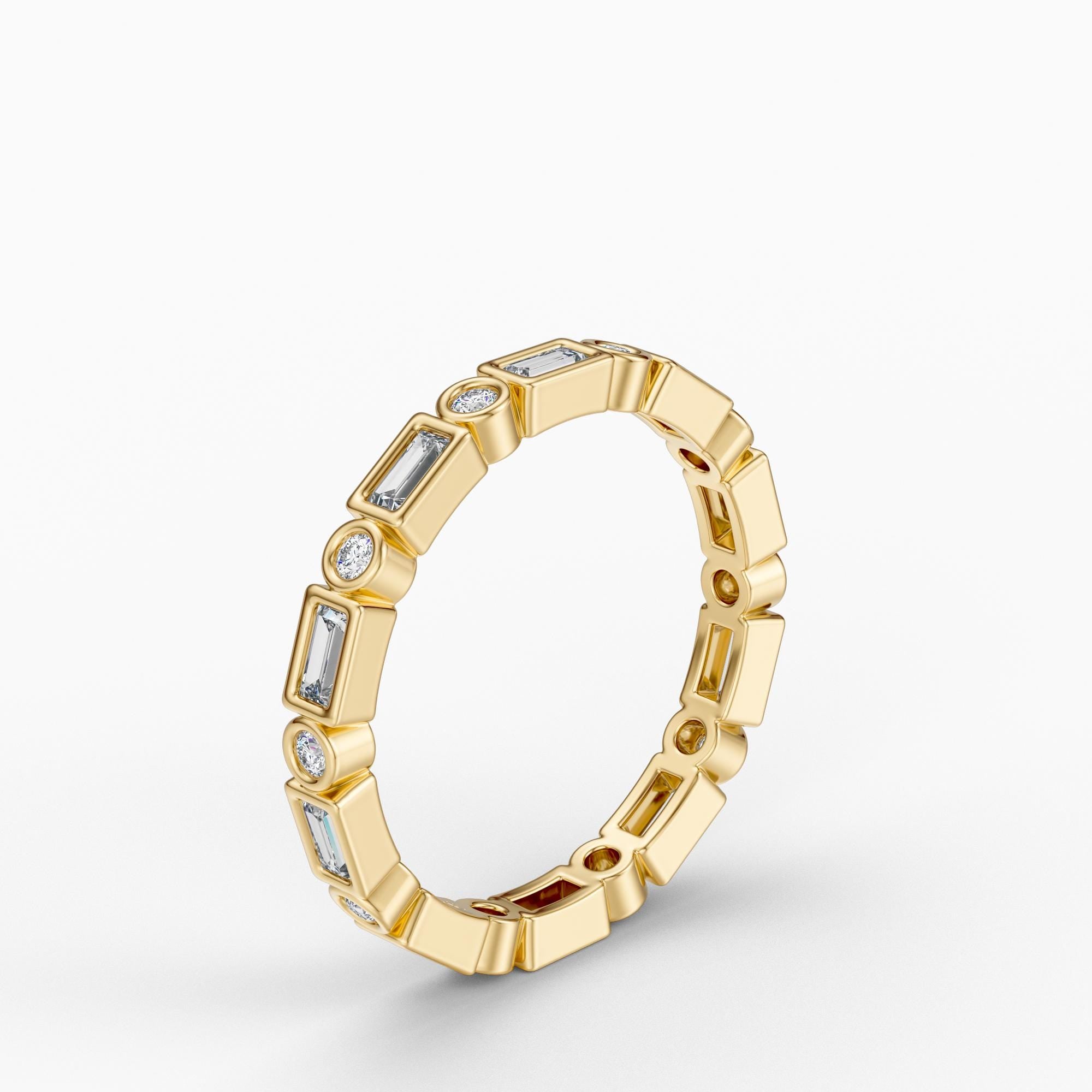 Baguette & Round Cut Diamond Full Eternity Wedding Band Ring 14K Solid Gold Bezel Set