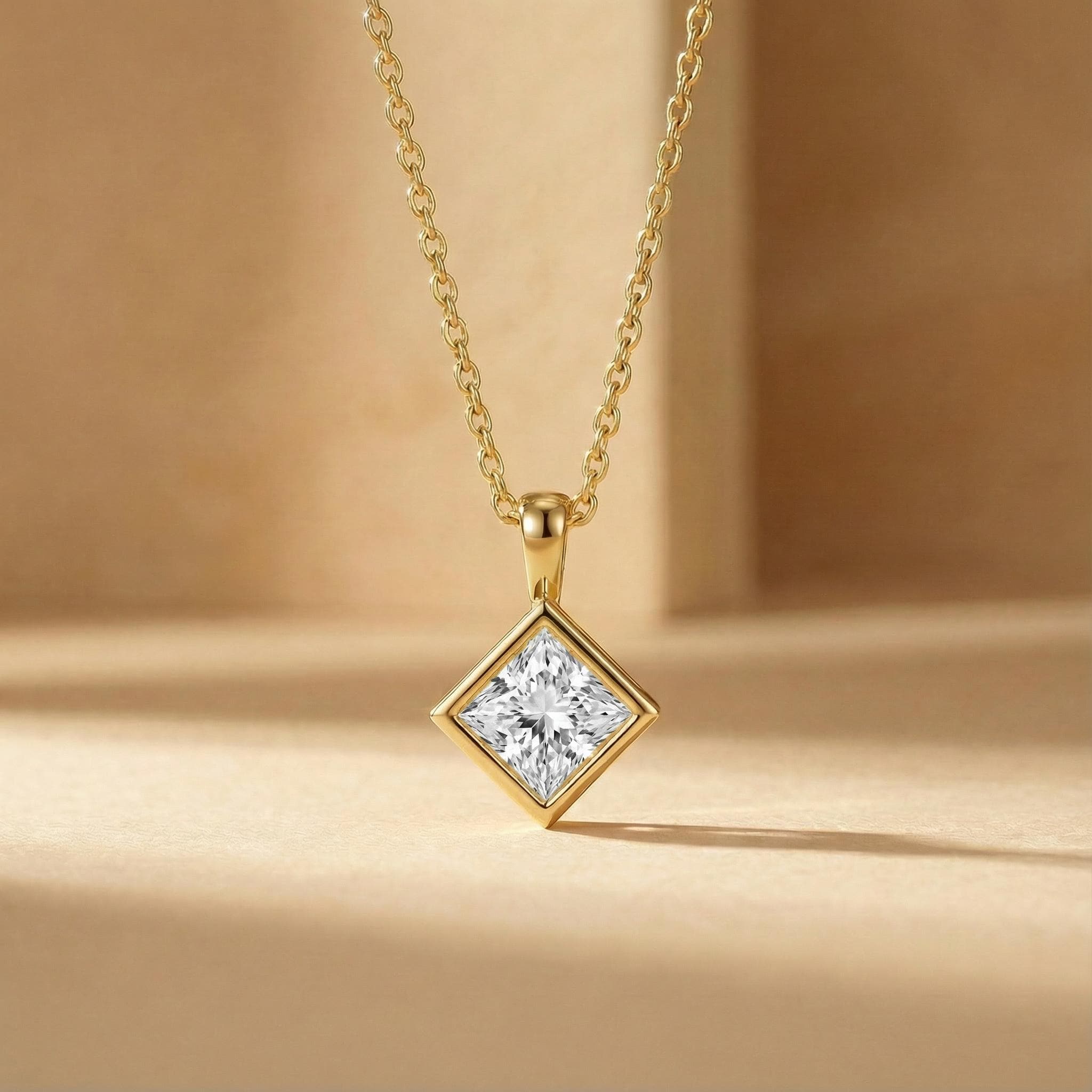 14K Gold Diamond Bezel Pendant  Elegant Princess Cut Necklace  Dainty Modern Minimalist Gift For Her By JIORE