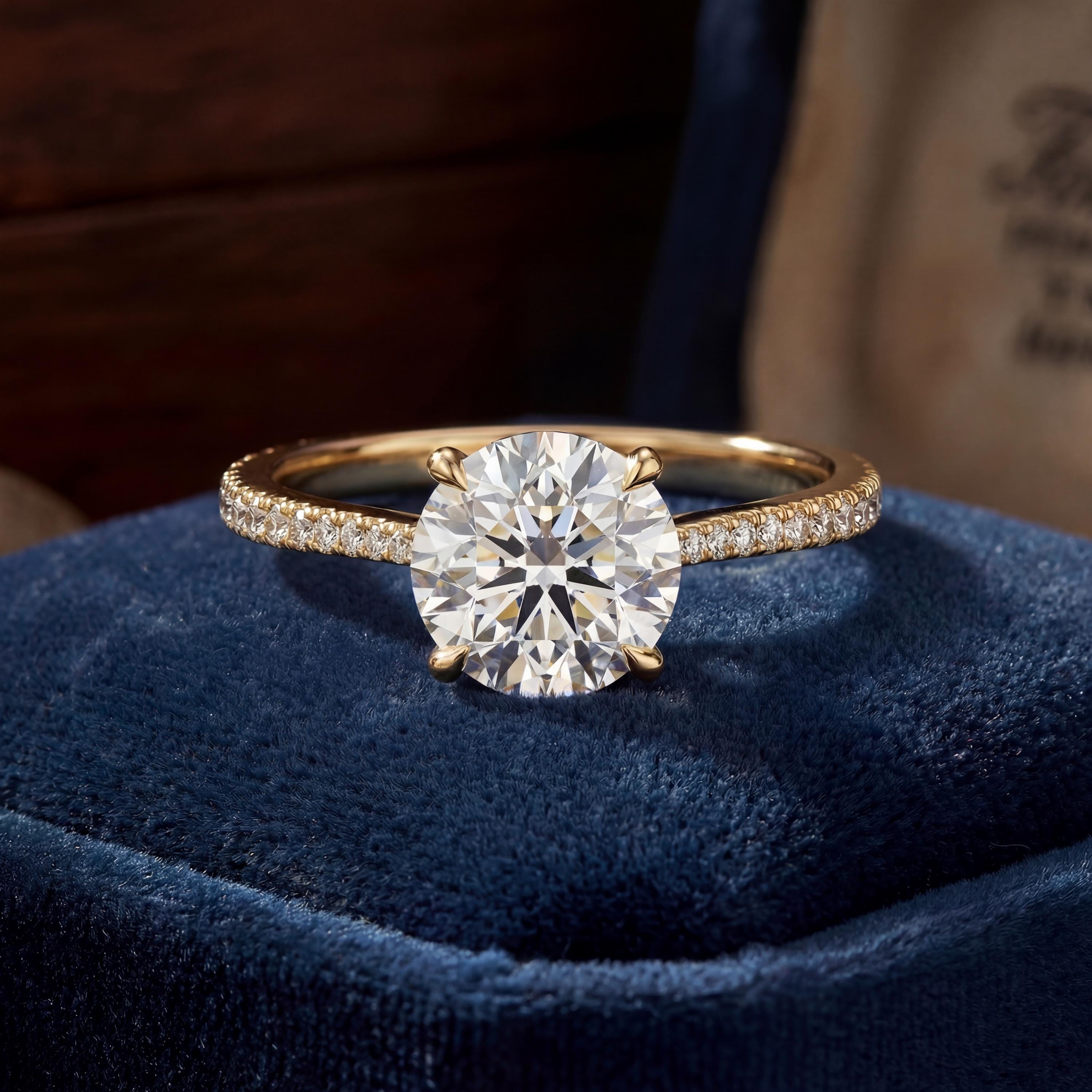 14kt Gold Pave Set Halo Graduated Round Shaped 1.50 Ct Solitaire Diamond Engagement Ring