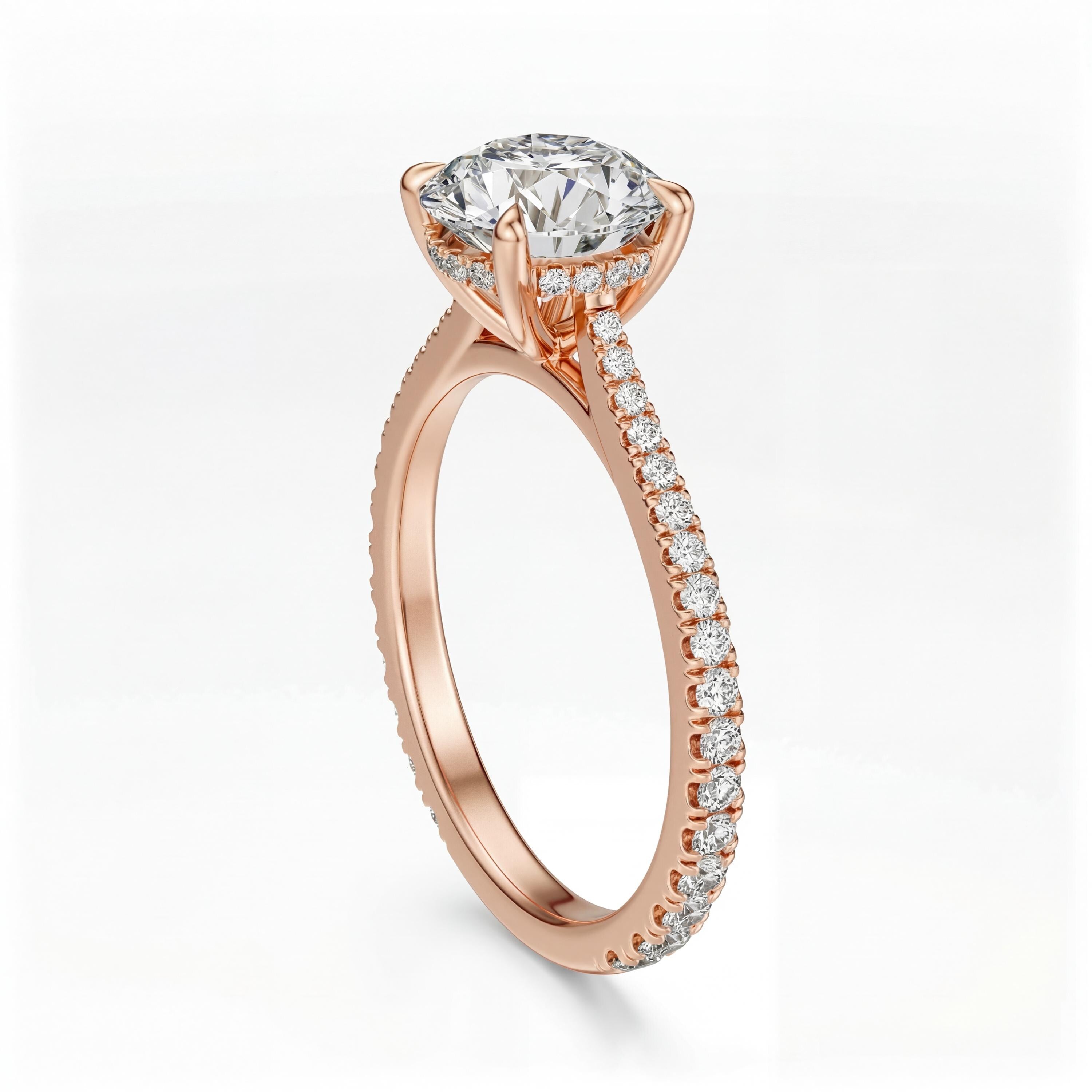 14kt Gold Pave Set Halo Graduated Round Shaped 1.50 Ct Solitaire Diamond Engagement Ring