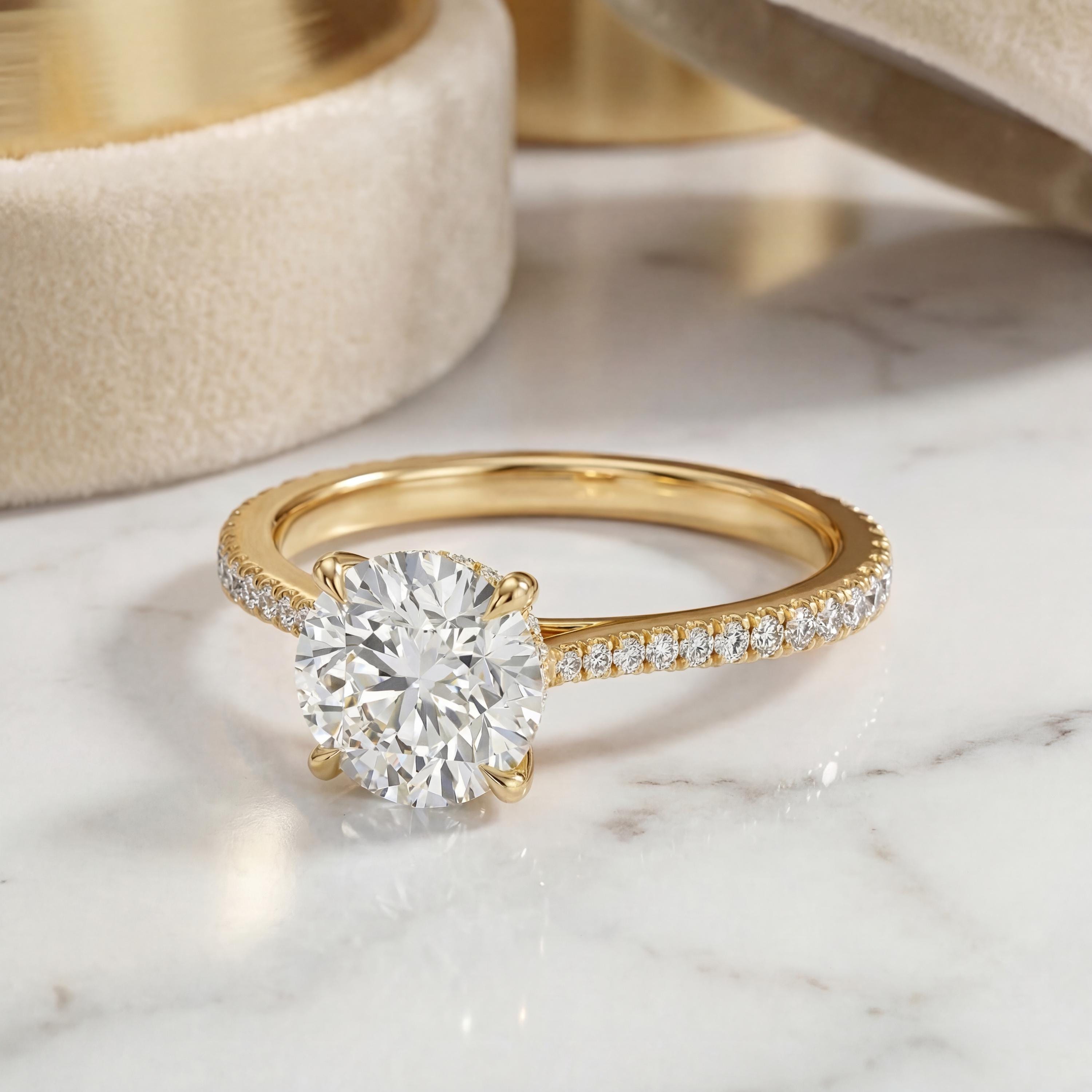 14kt Gold Pave Set Halo Graduated Round Shaped 1.50 Ct Solitaire Diamond Engagement Ring