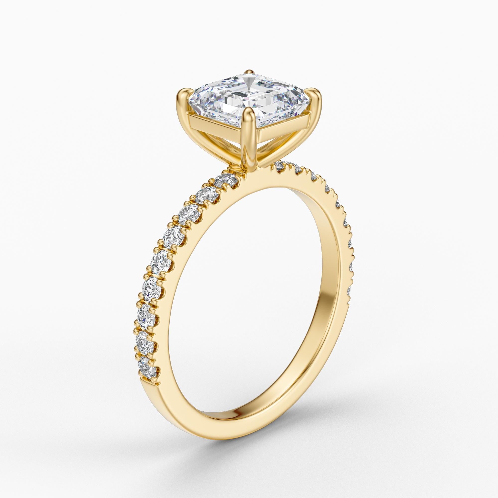 14kt Gold Pave Set Asscher Cut 3.00 Ct Solitaire Diamond Engagement Ring