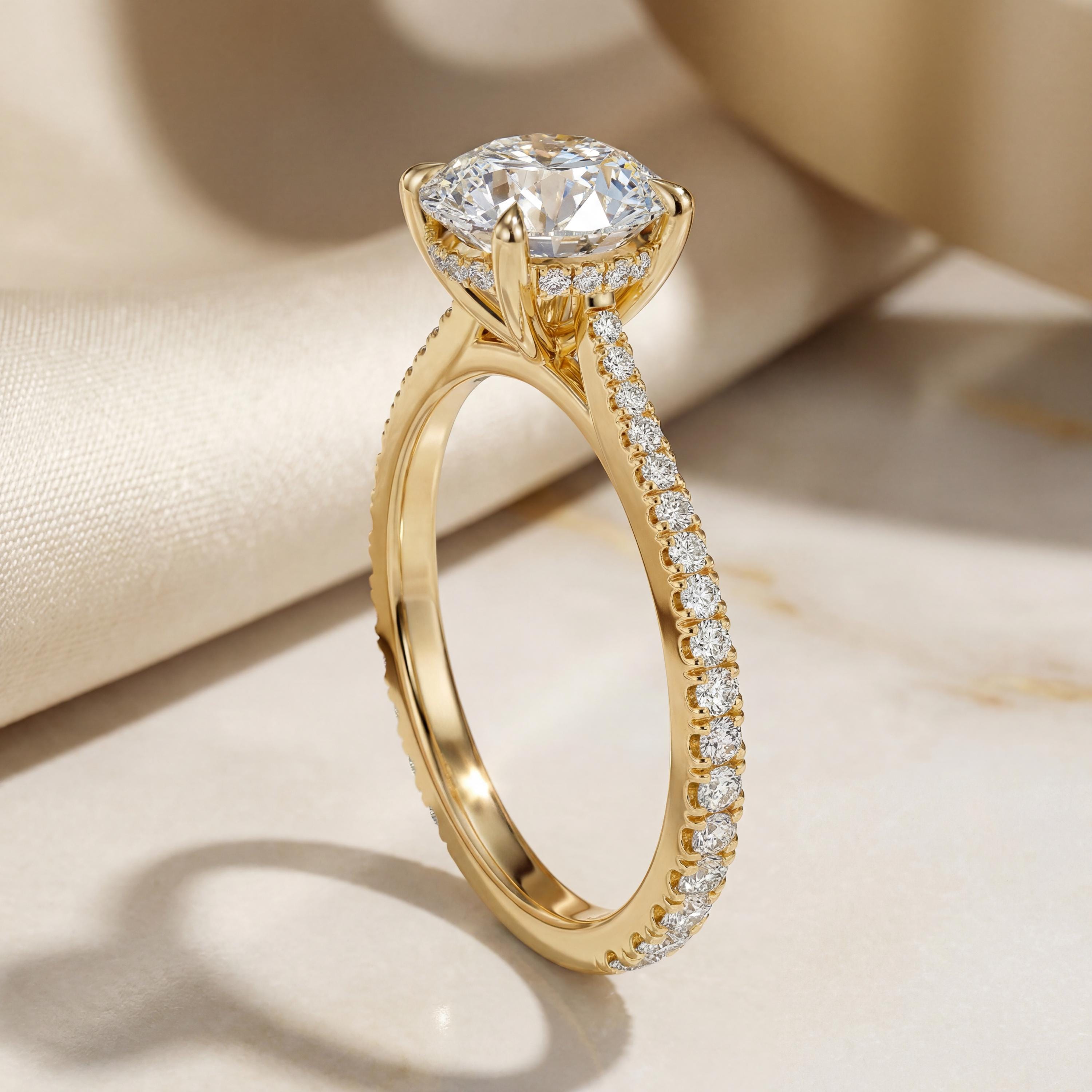 14kt Gold Pave Set Halo Graduated Round Shaped 1.50 Ct Solitaire Diamond Engagement Ring