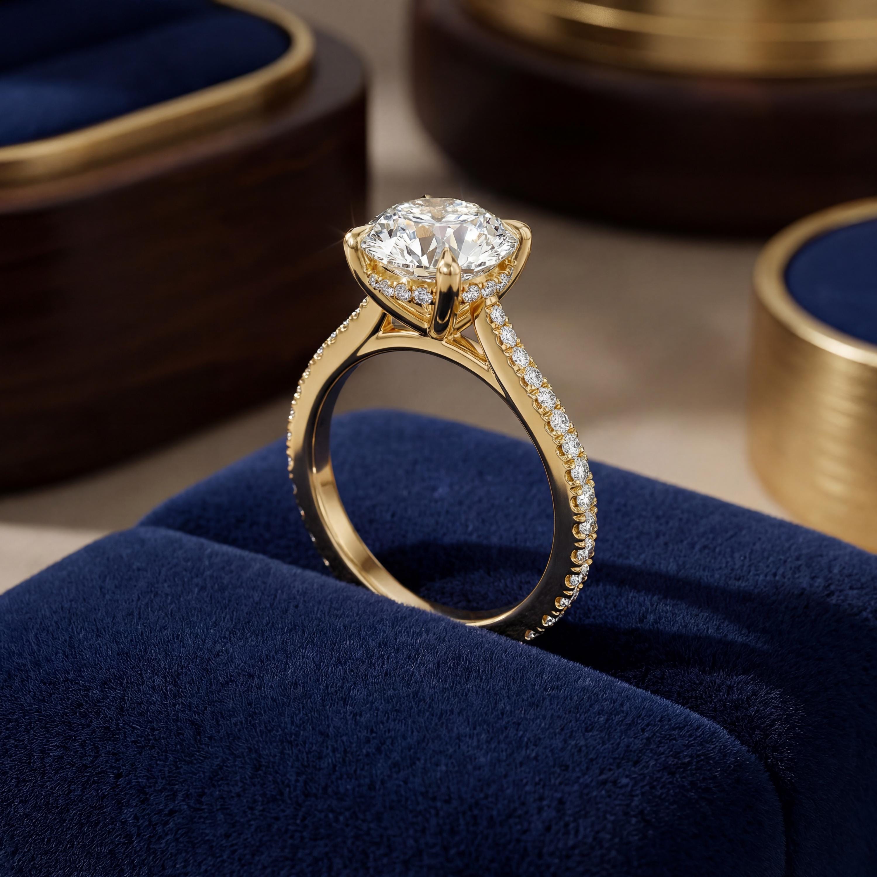 14kt Gold Pave Set Halo Graduated Round Shaped 1.50 Ct Solitaire Diamond Engagement Ring