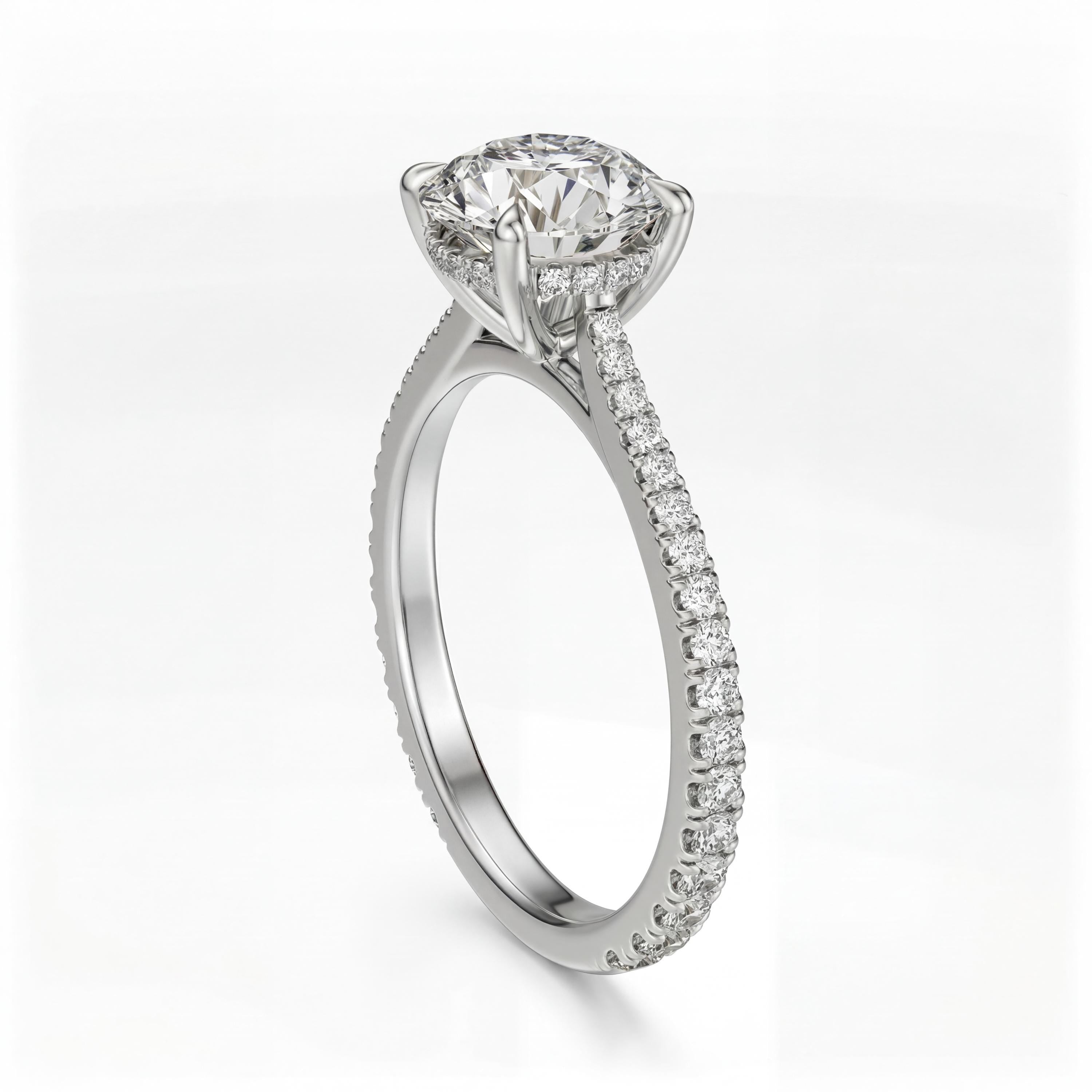 14kt Gold Pave Set Halo Graduated Round Shaped 1.50 Ct Solitaire Diamond Engagement Ring