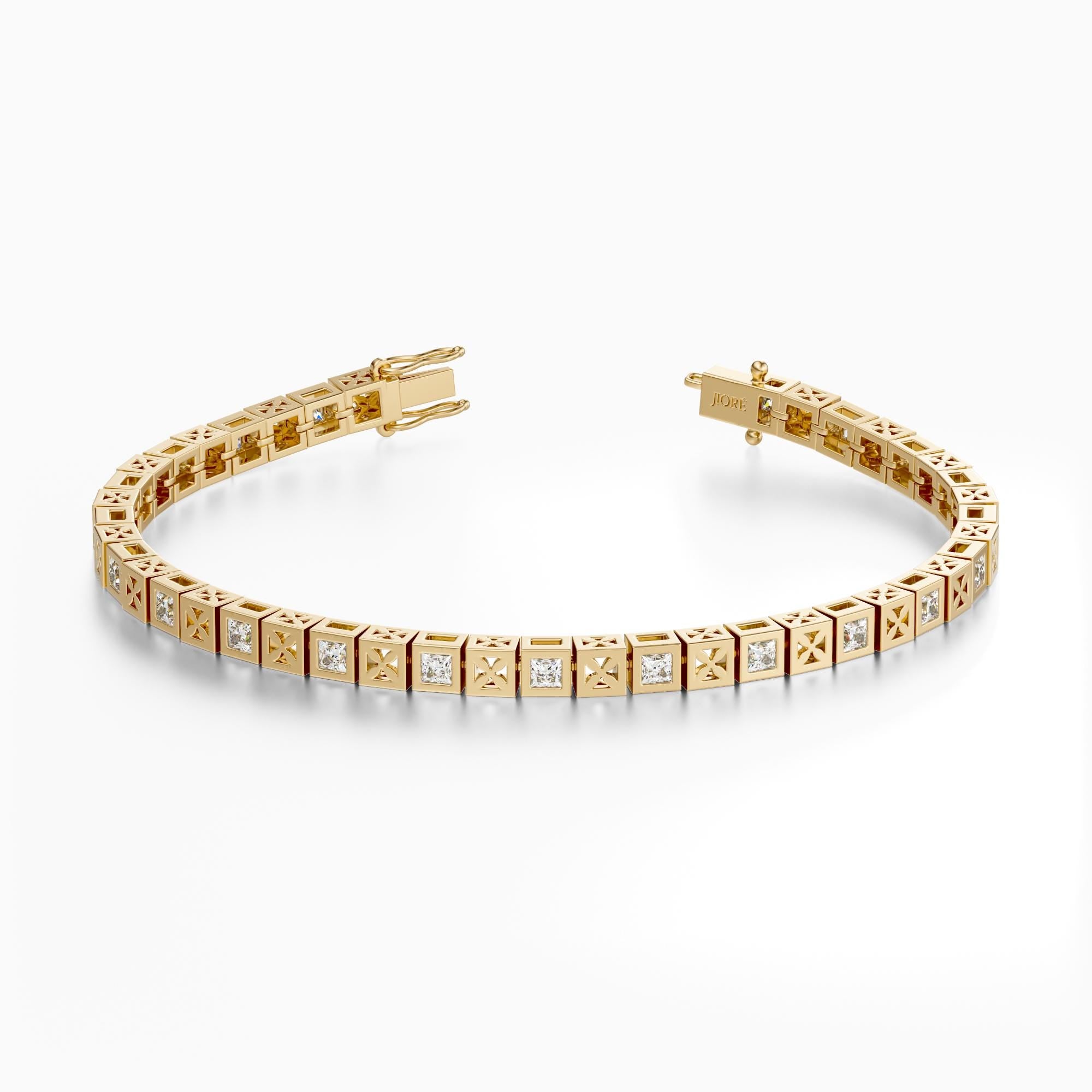 14Kt Gold Bezel Set Floral Princess Cut 2.25 TCW Diamond Tennis Bracelet
