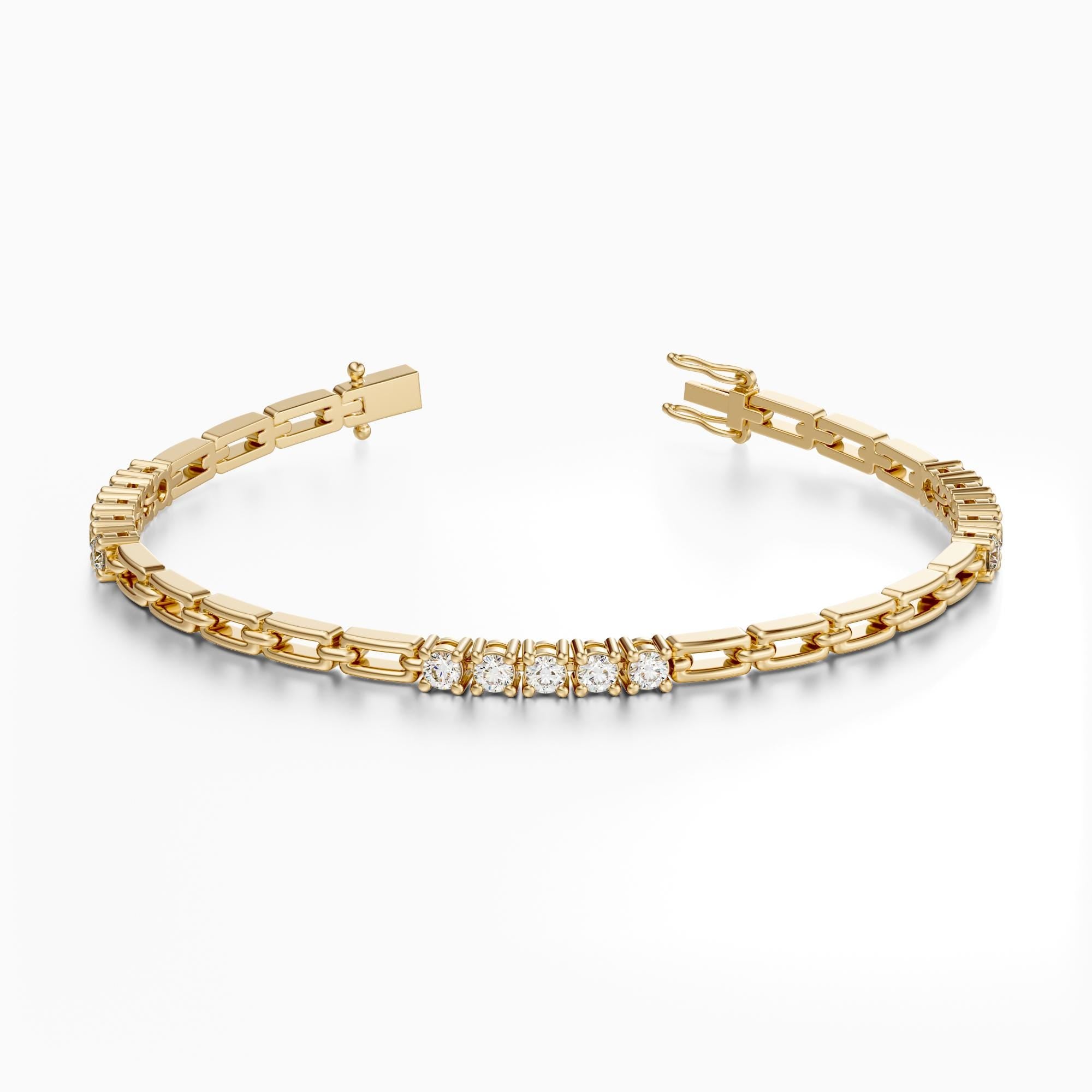 14Kt Gold Round Diamond 5 Stone Prong Set & Link 1.50 TCW Bracelet