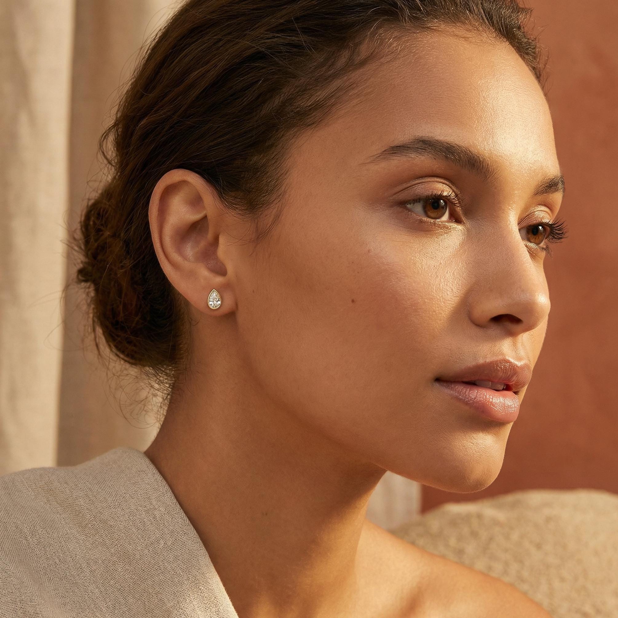 14k Gold Pear Cut Studs  Bezel Set Diamond Earrings  1.00-4.00 CTW  Minimalist Gift For Her By JIORE