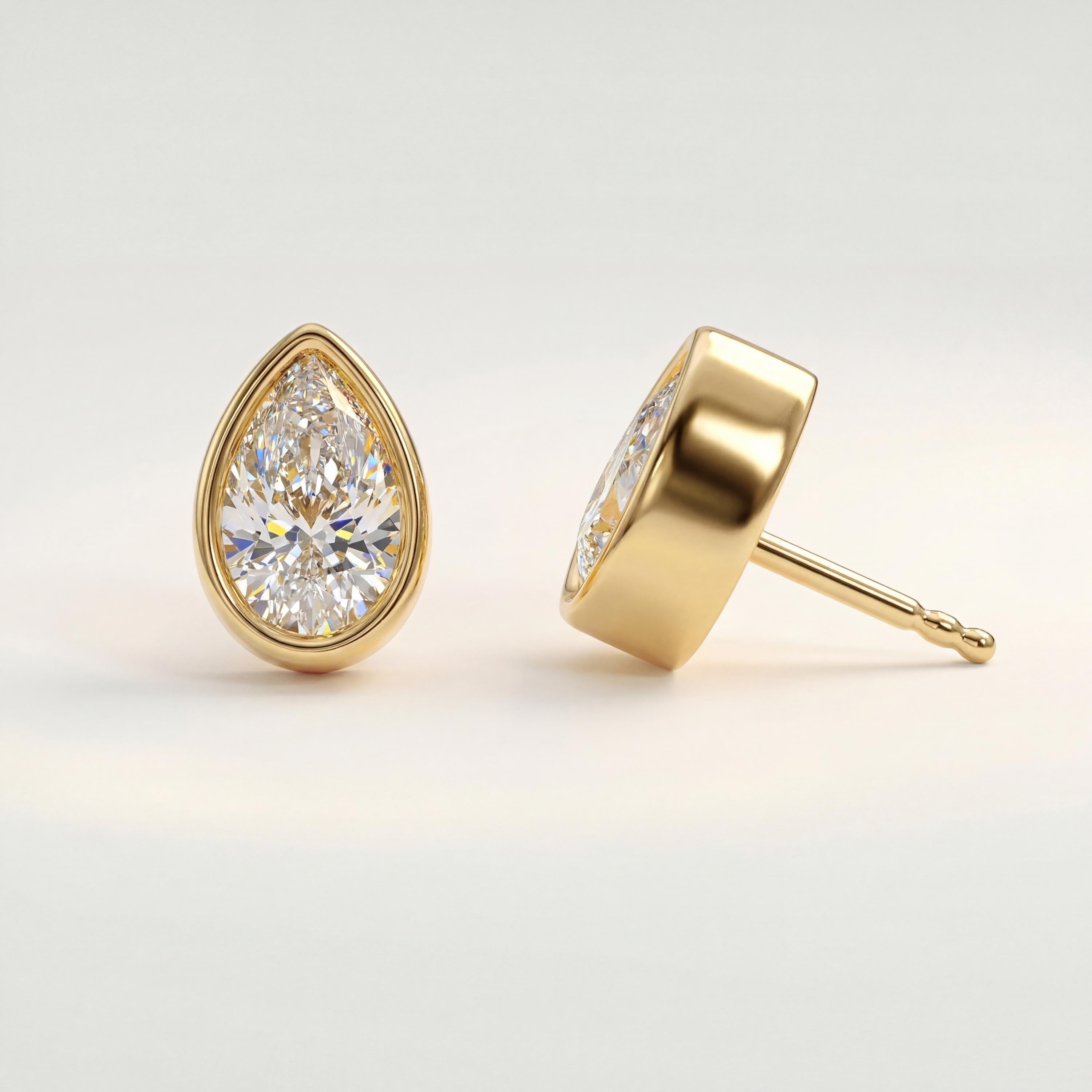 14k Gold Pear Cut Studs  Bezel Set Diamond Earrings  1.00-4.00 CTW  Minimalist Gift For Her By JIORE