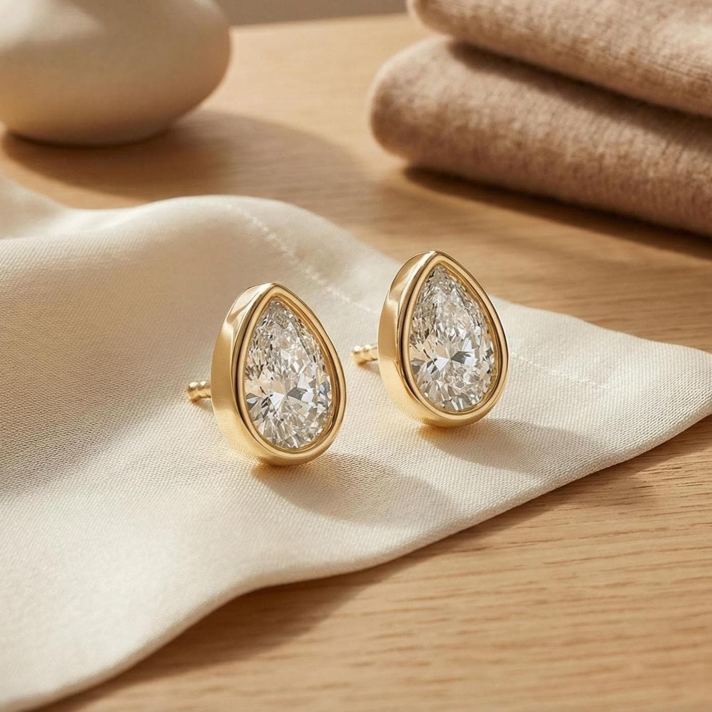14k Gold Pear Cut Studs  Bezel Set Diamond Earrings  1.00-4.00 CTW  Minimalist Gift For Her By JIORE