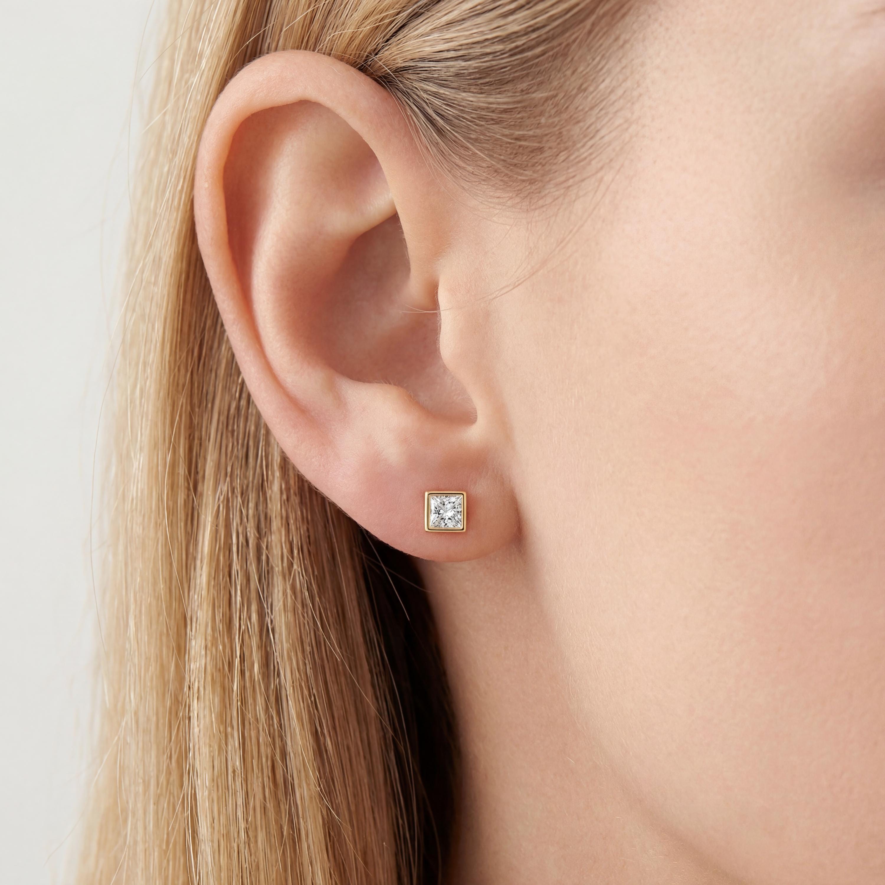 14k Gold Princess Cut Studs  Bezel Set Diamond Earrings  1.00-4.00 CTW  Minimalist Gift For Her By JIORE