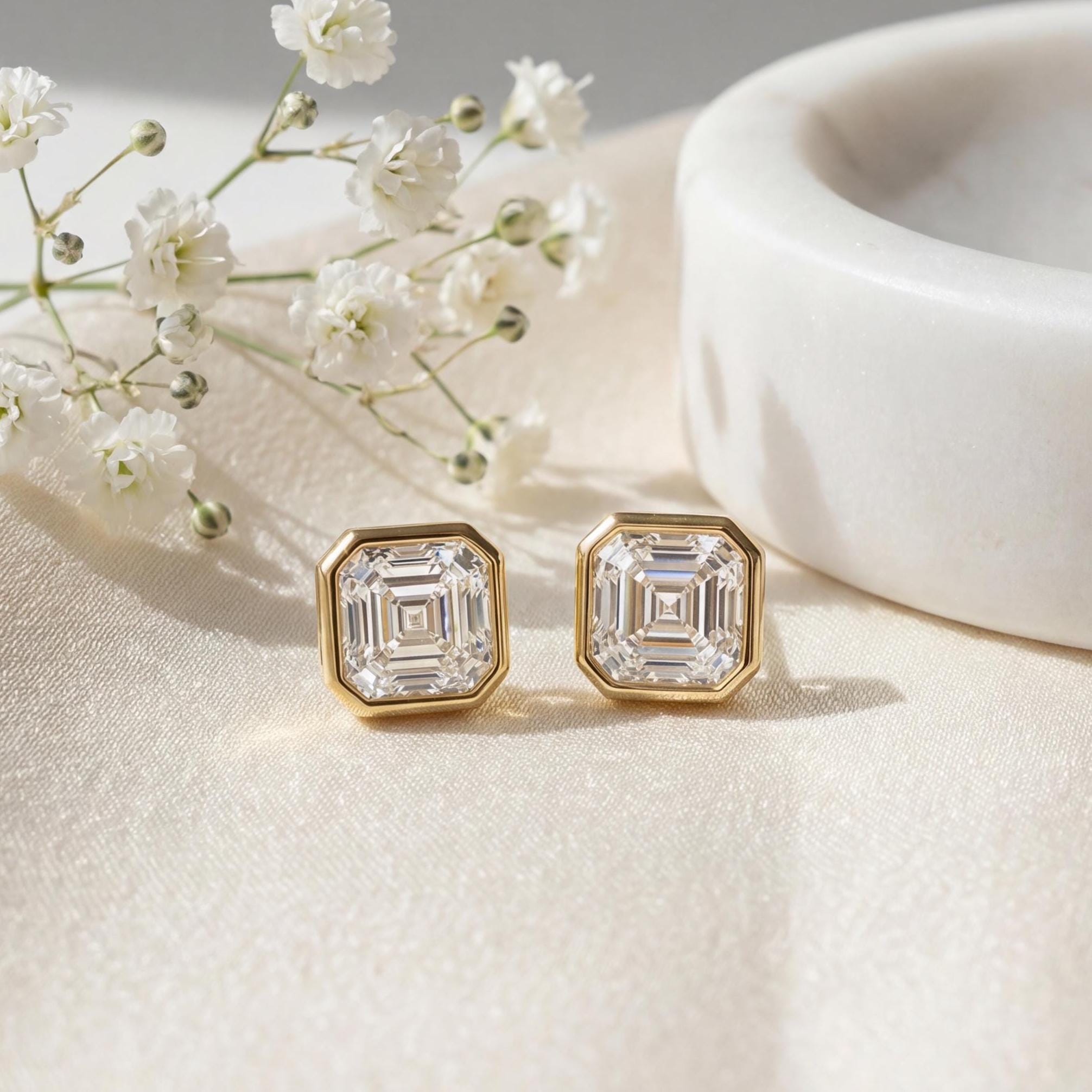 14k Gold Asscher Cut Studs  Bezel Set Diamond Earrings  1.00-4.00 CTW  Minimalist Gift For Her By JIORE