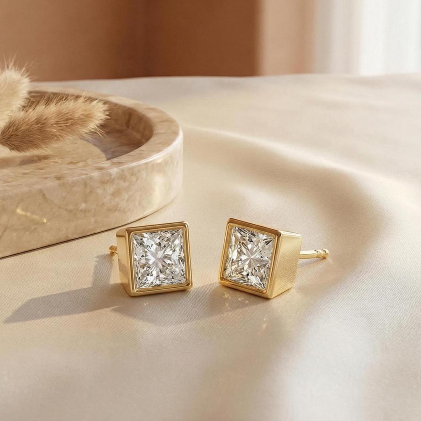 14k Gold Princess Cut Studs  Bezel Set Diamond Earrings  1.00-4.00 CTW  Minimalist Gift For Her By JIORE
