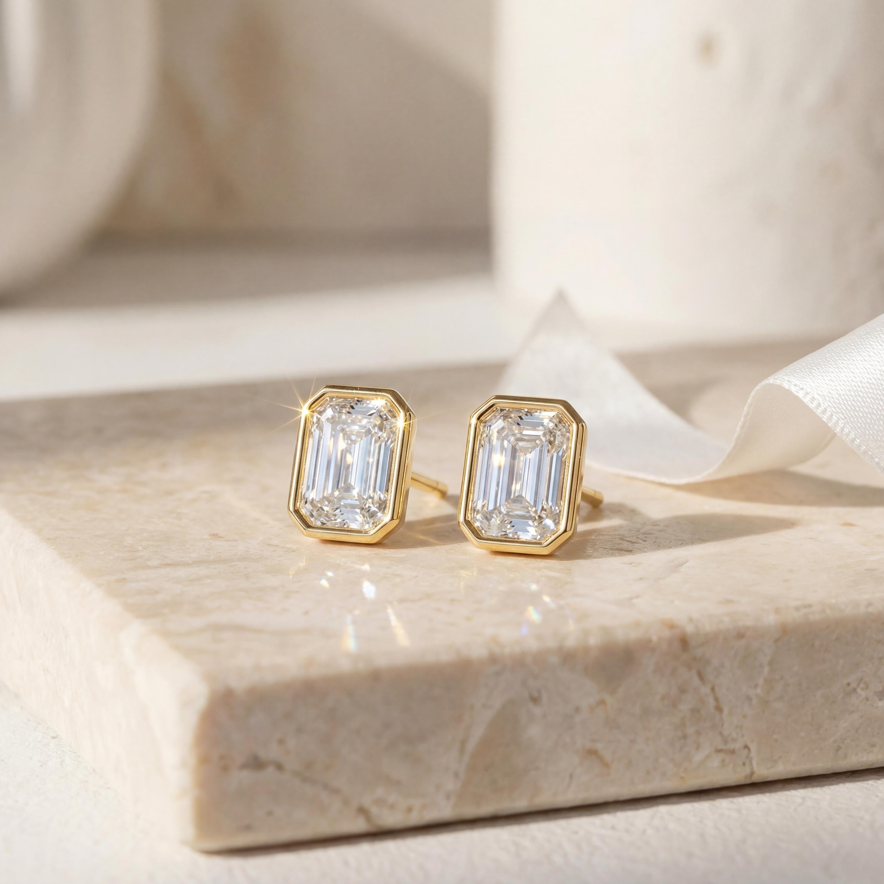 14k Gold Emerald Cut Studs  Bezel Set Diamond Earrings  1.00-4.00 CTW  Minimalist Gift For Her By JIORE