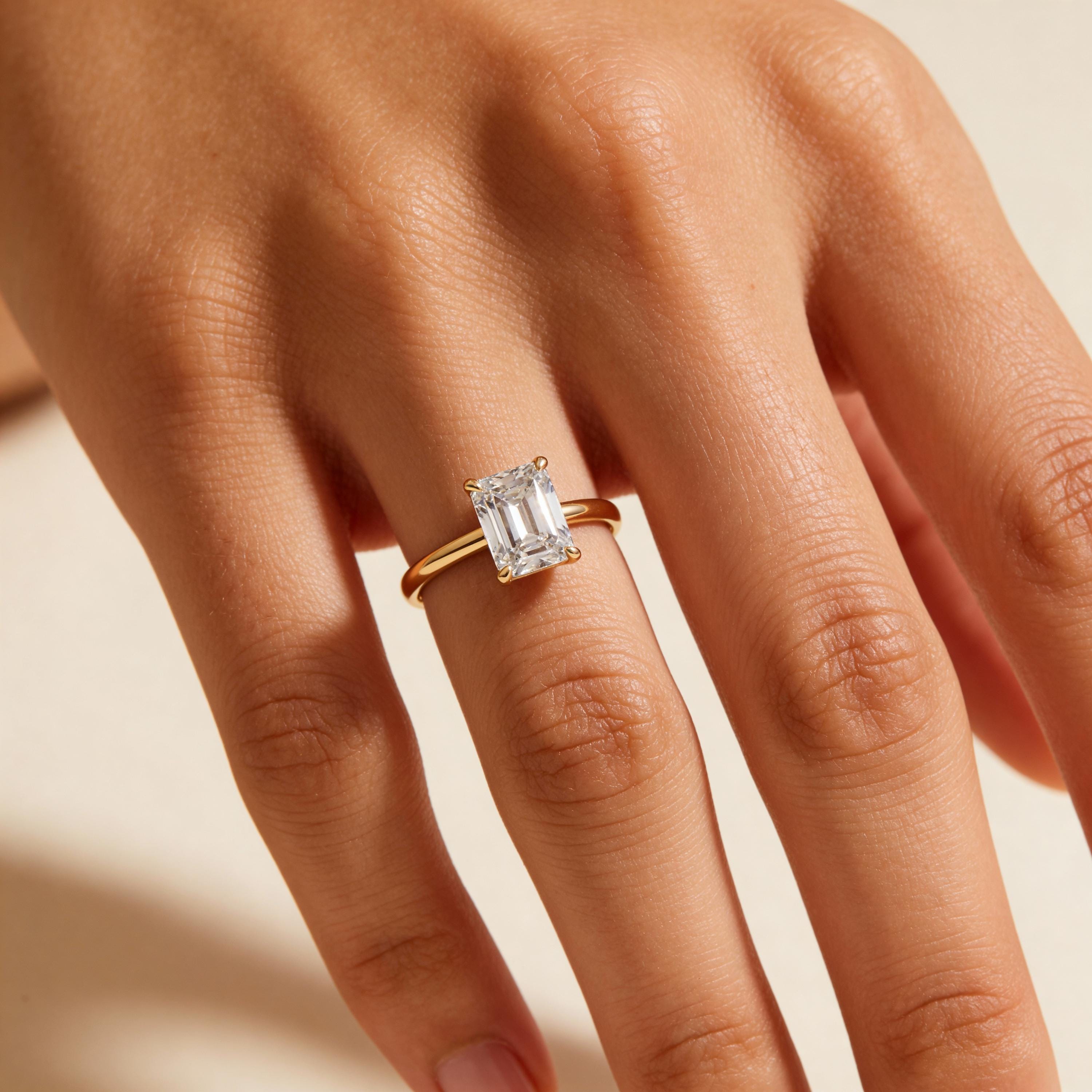 14kt Gold Prong Setting Emerald Cut Shaped 1.00-3.00 Ct Solitaire Diamond Engagement Ring