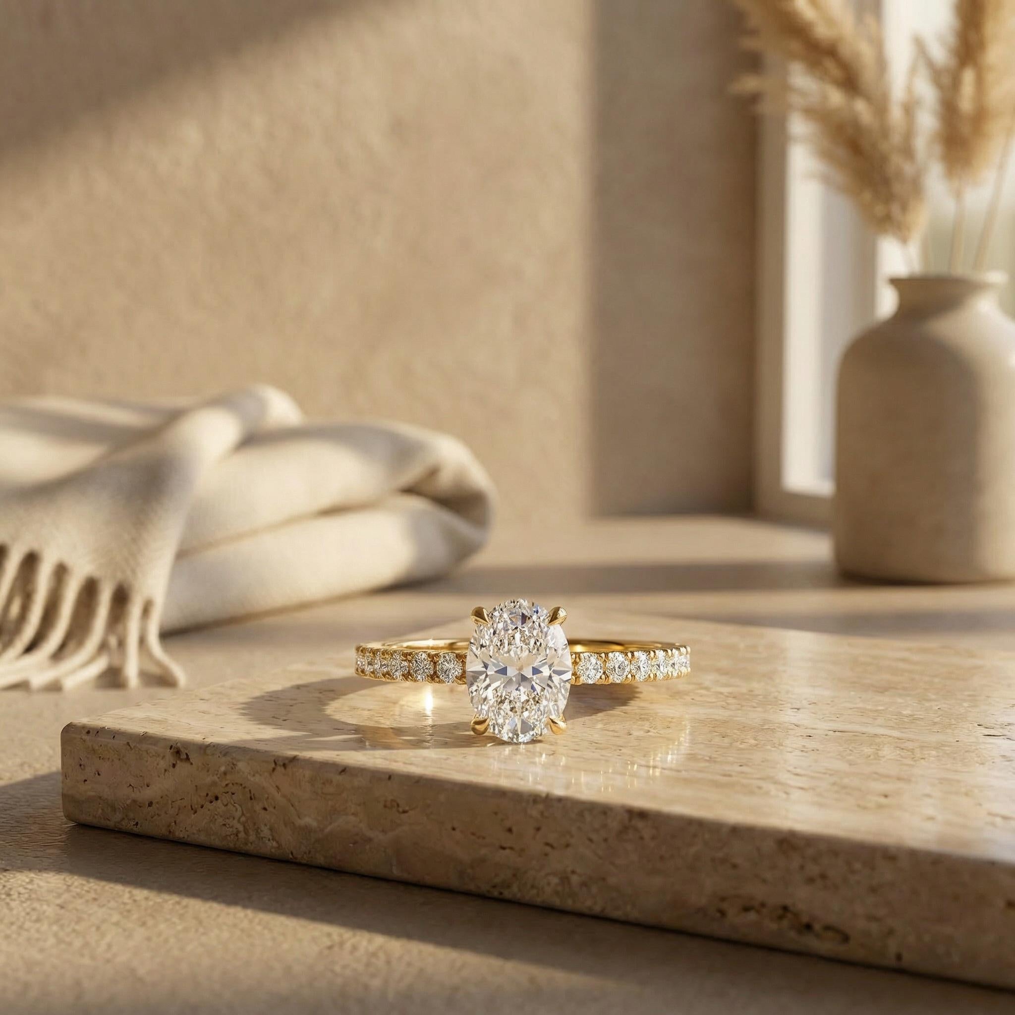 14kt Gold Pave Set Oval Shaped 1.00-3.00 Ct Solitaire Diamond Engagement Ring