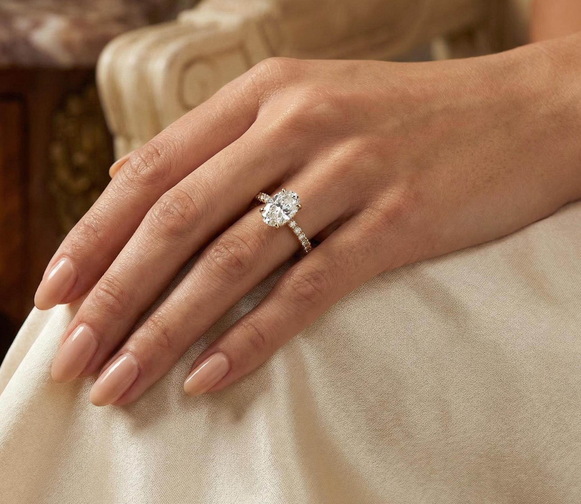 14kt Gold Pave Set Oval Shaped 1.00-3.00 Ct Solitaire Diamond Engagement Ring