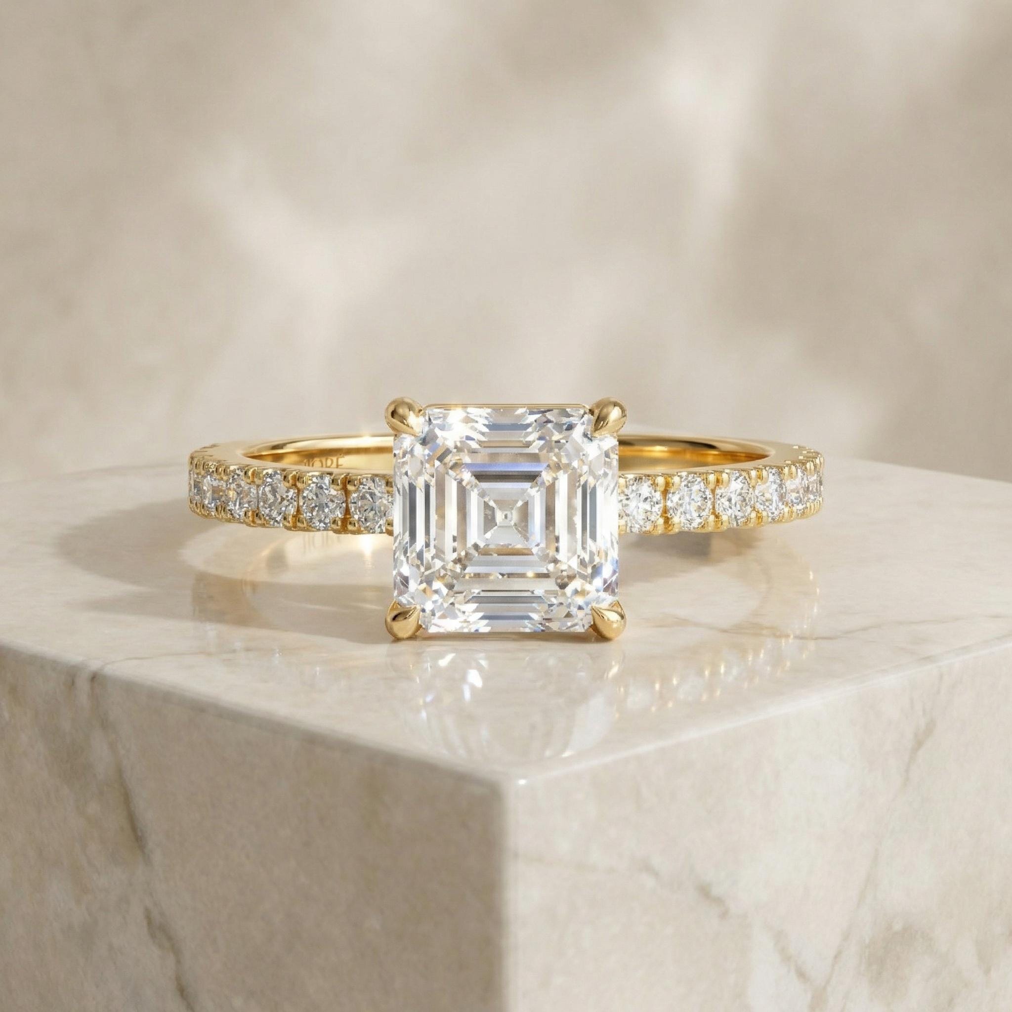 14kt Gold Pave Set Asscher Cut 3.00 Ct Solitaire Diamond Engagement Ring