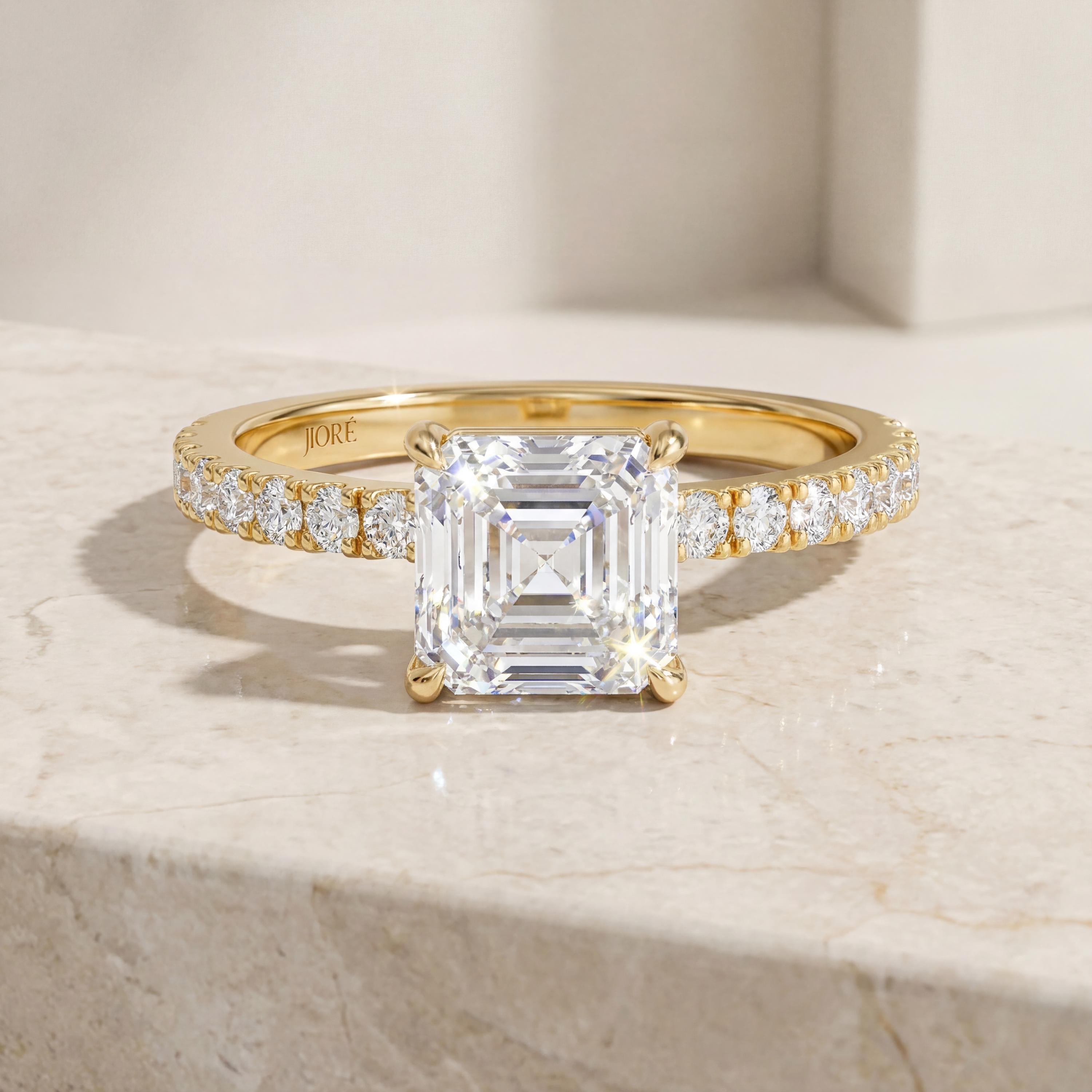 14kt Gold Pave Set Asscher Cut 3.00 Ct Solitaire Diamond Engagement Ring