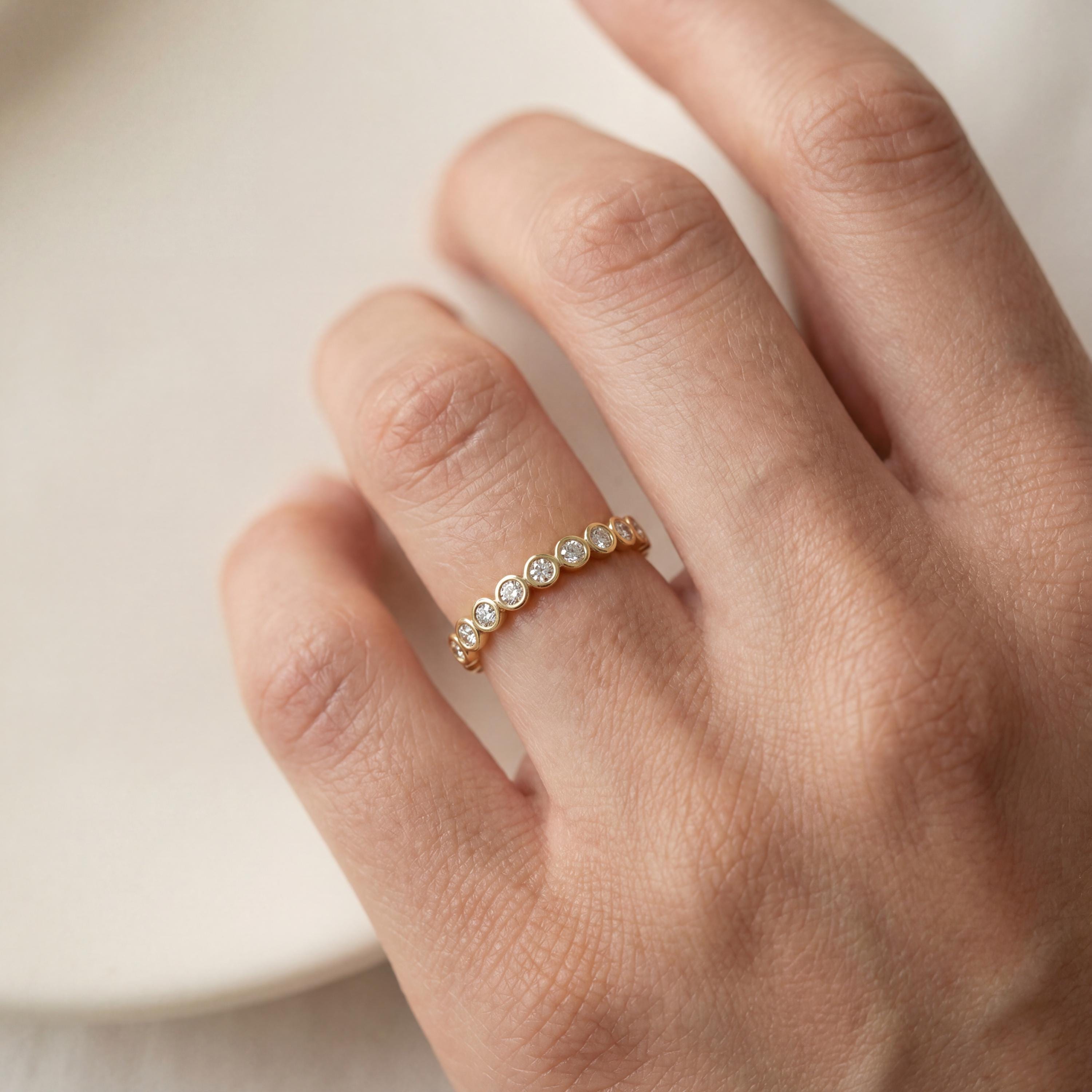 Diamond Full Eternity Wedding Band Ring Stackable 14Kt Gold Bezel Set Round Brilliant Cut