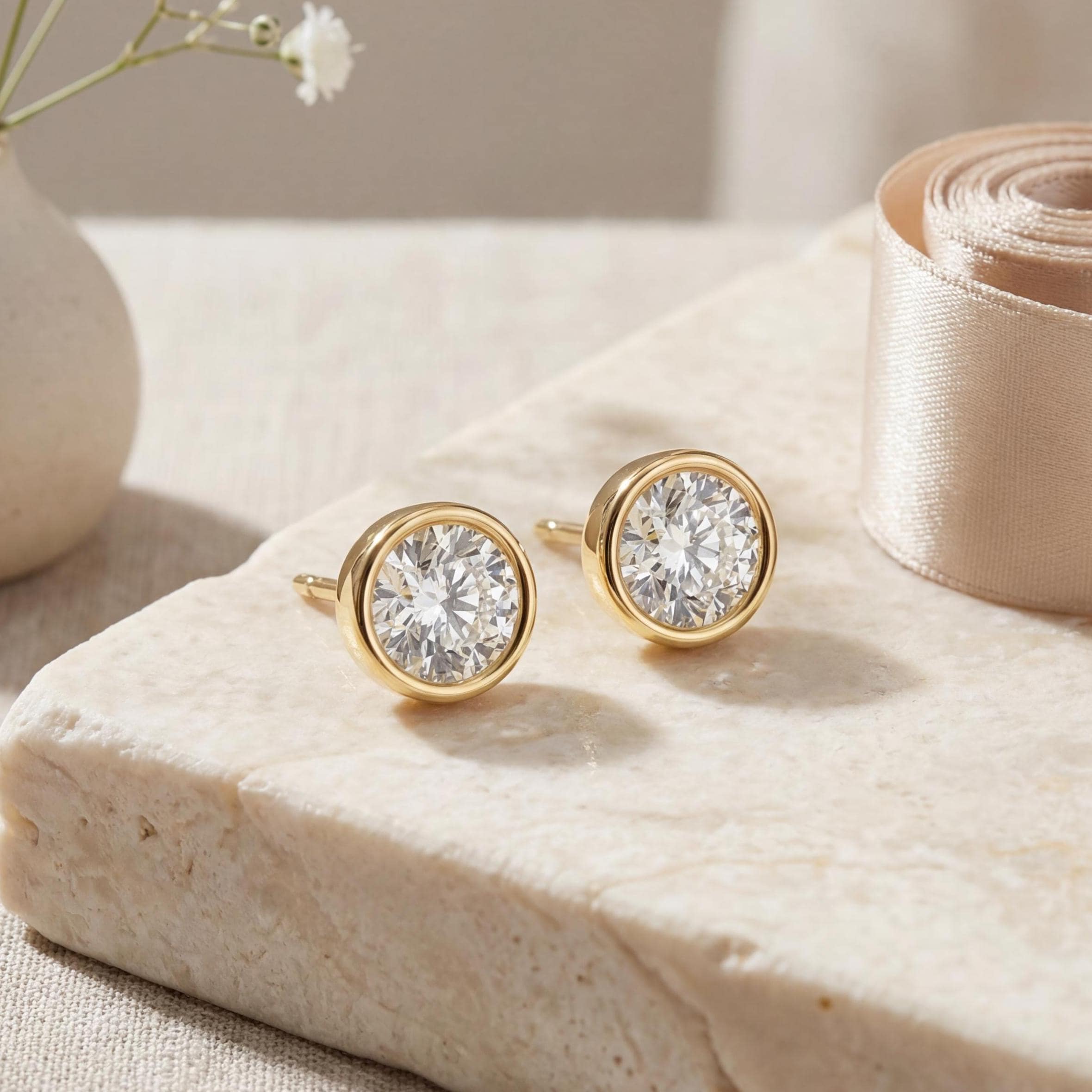 14k Gold Round Brilliant Cut Studs  Bezel Set Diamond Earrings  1.00-4.00 CTW  Minimalist Gift For Her By JIORE