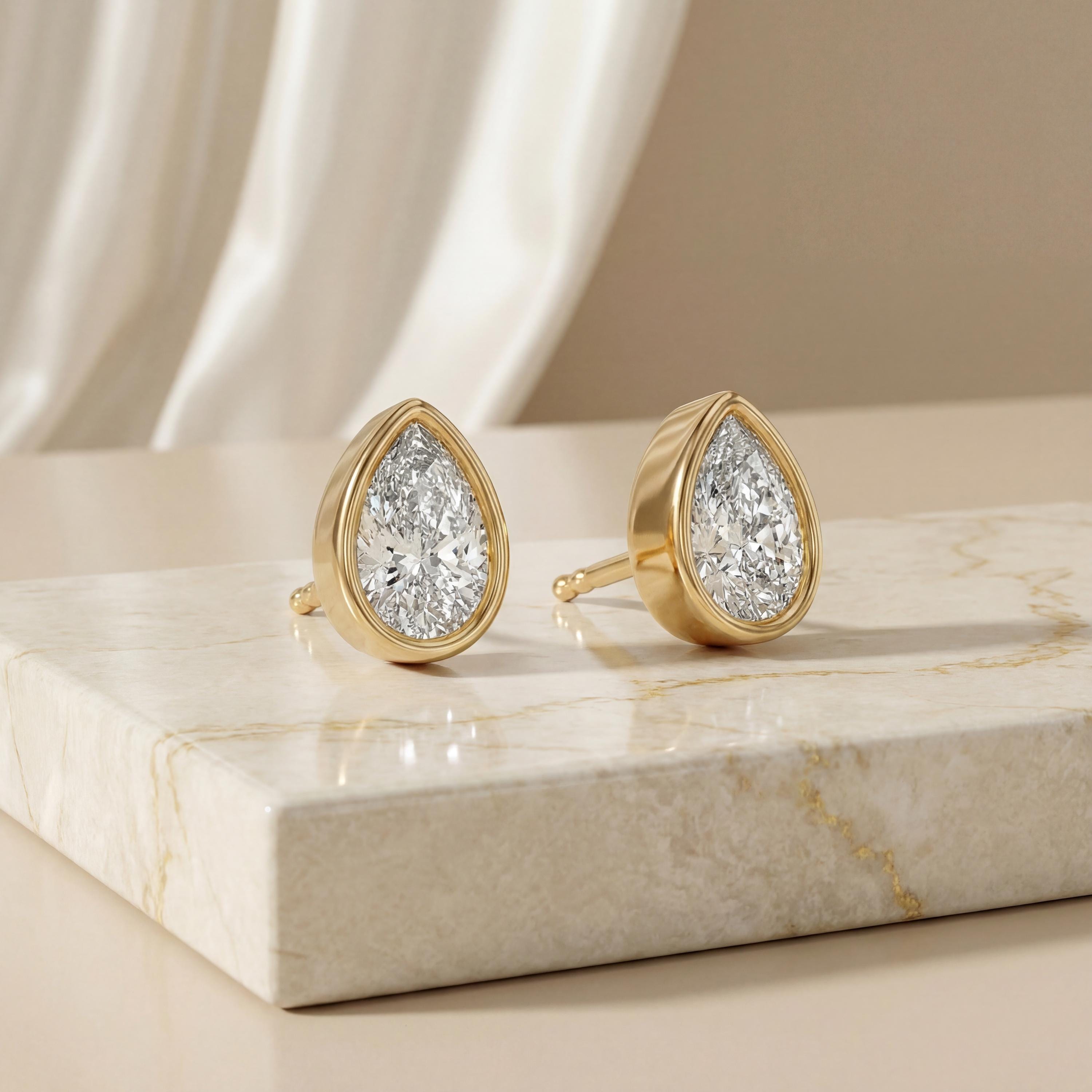 14k Gold Pear Cut Studs  Bezel Set Diamond Earrings  1.00-4.00 CTW  Minimalist Gift For Her By JIORE
