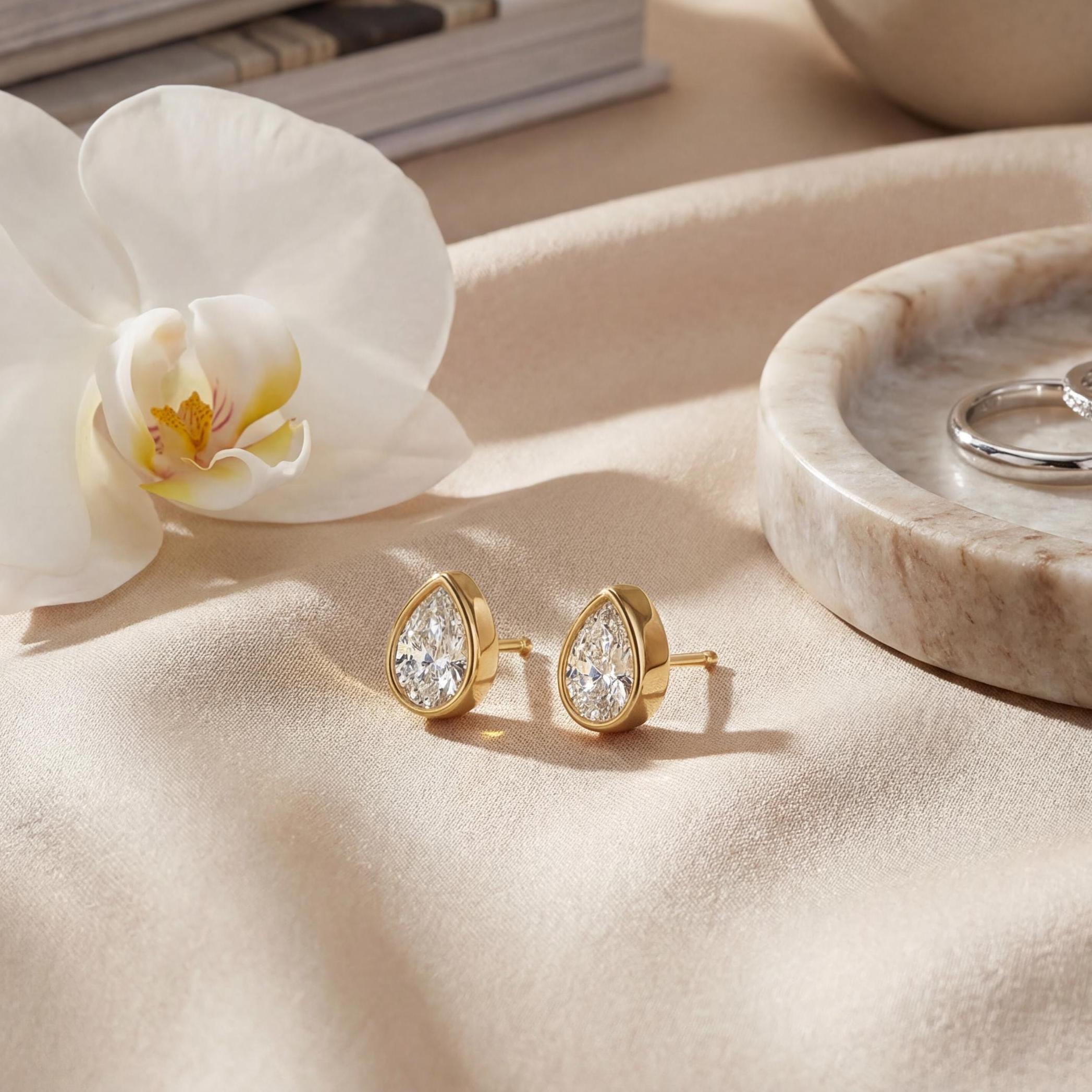 14k Gold Pear Cut Studs  Bezel Set Diamond Earrings  1.00-4.00 CTW  Minimalist Gift For Her By JIORE