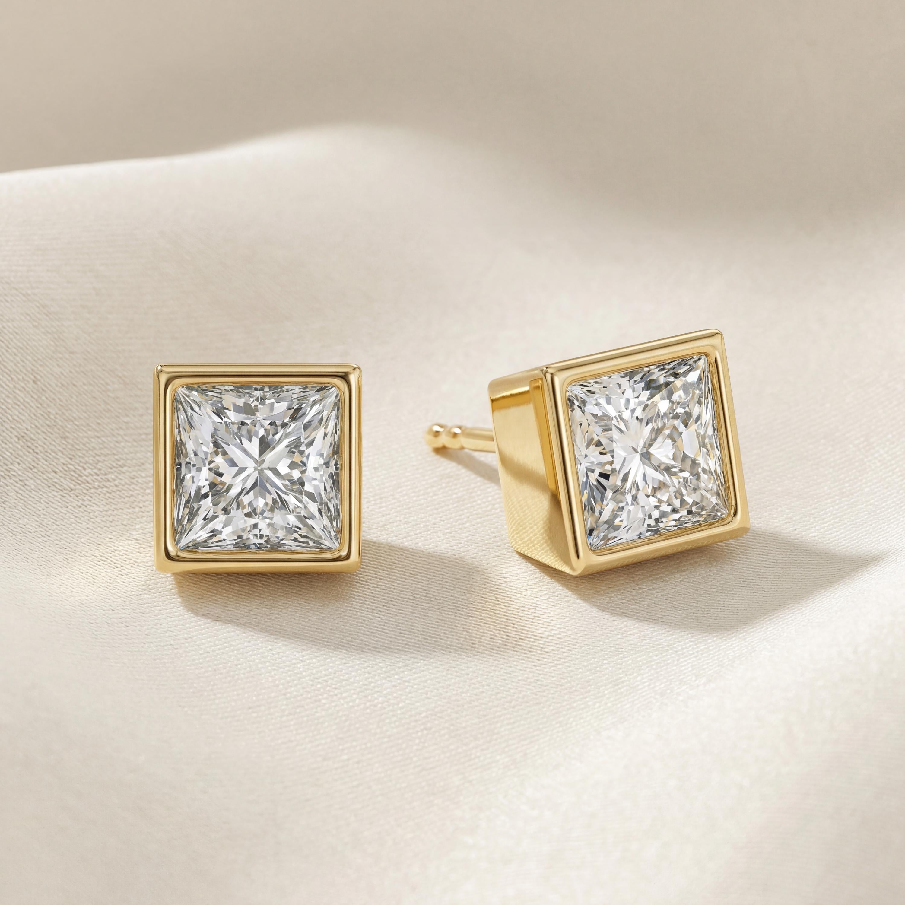 14k Gold Princess Cut Studs  Bezel Set Diamond Earrings  1.00-4.00 CTW  Minimalist Gift For Her By JIORE