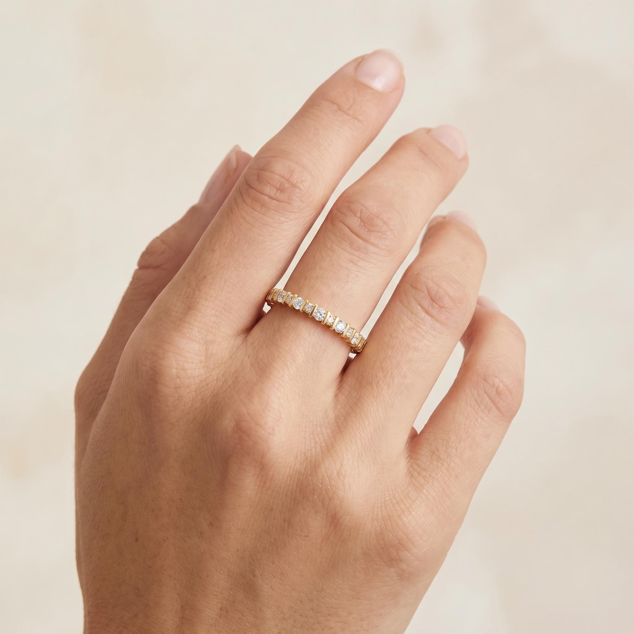 Diamond Full Eternity Round Wedding Band Ring 14K Solid Gold Bar Set