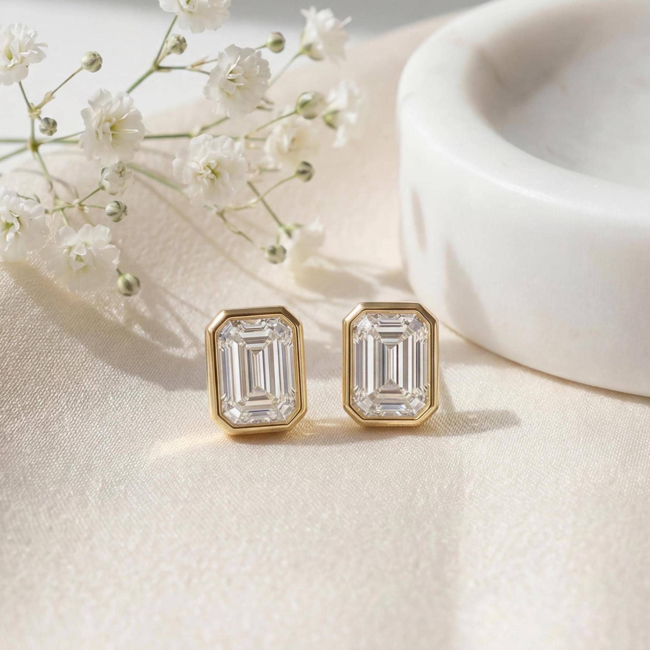 14k Gold Emerald Cut Studs  Bezel Set Diamond Earrings  1.00-4.00 CTW  Minimalist Gift For Her By JIORE