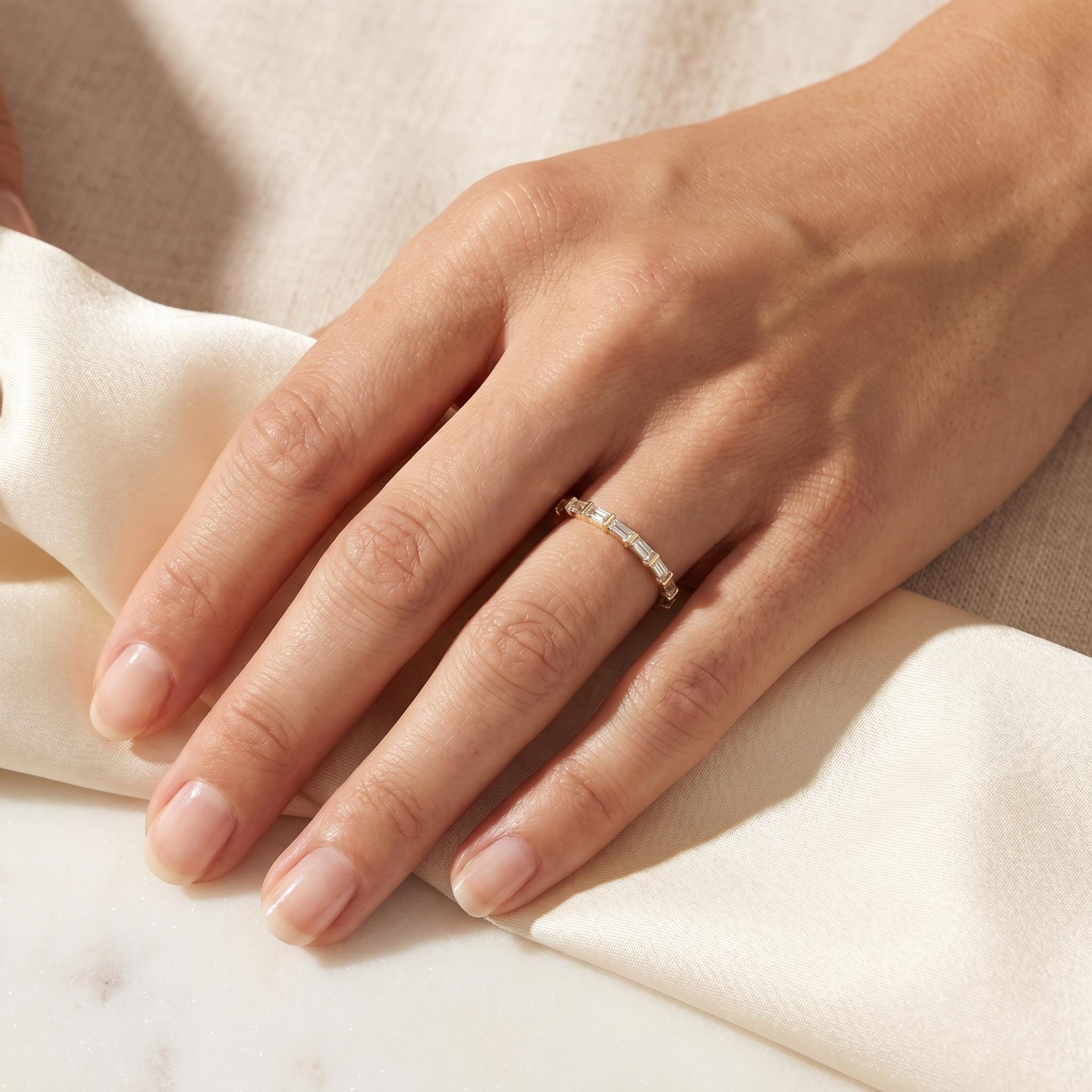 Baguette Cut Diamond Full Eternity Stackable Wedding Band Ring 14K Solid Gold Bar Set