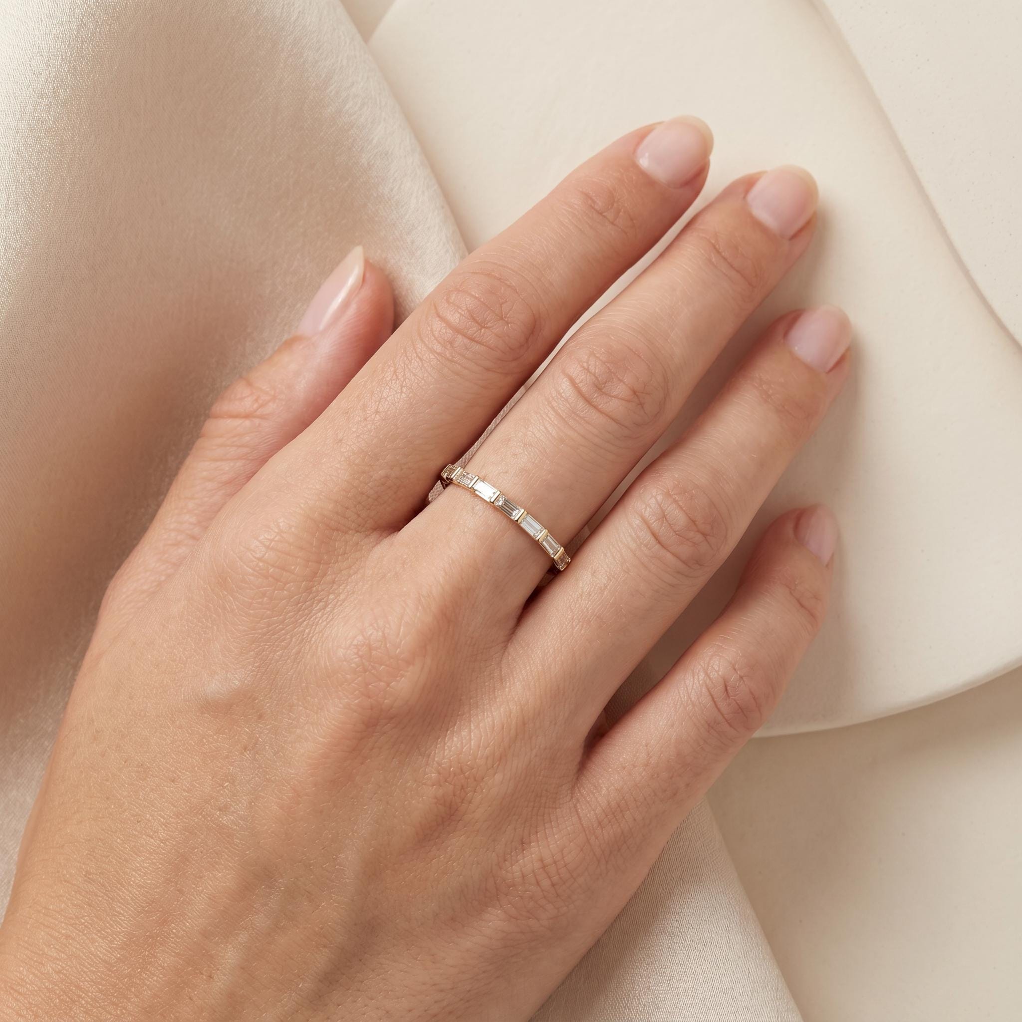 Baguette Cut Diamond Full Eternity Stackable Wedding Band Ring 14K Solid Gold Bar Set
