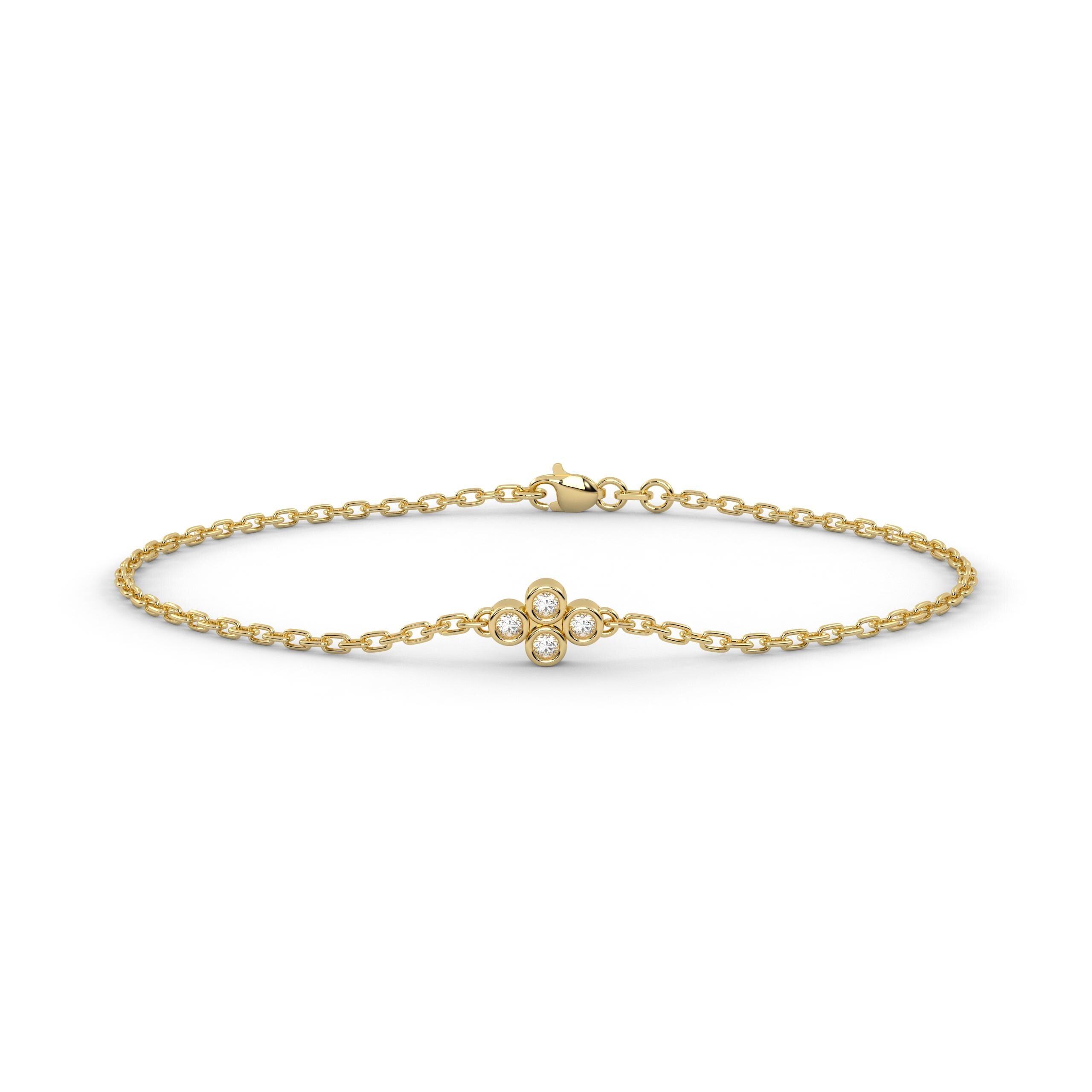 Diamond Cluster 4 Stone Bezel Set 14K Solid Gold Chain Link Bracelet