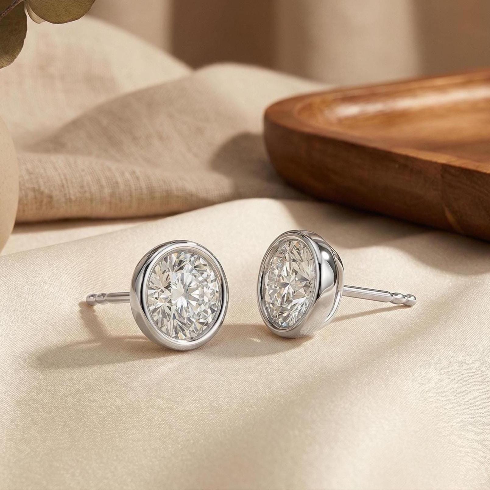 14k Gold Round Brilliant Cut Studs  Bezel Set Diamond Earrings  1.00-4.00 CTW  Minimalist Gift For Her By JIORE