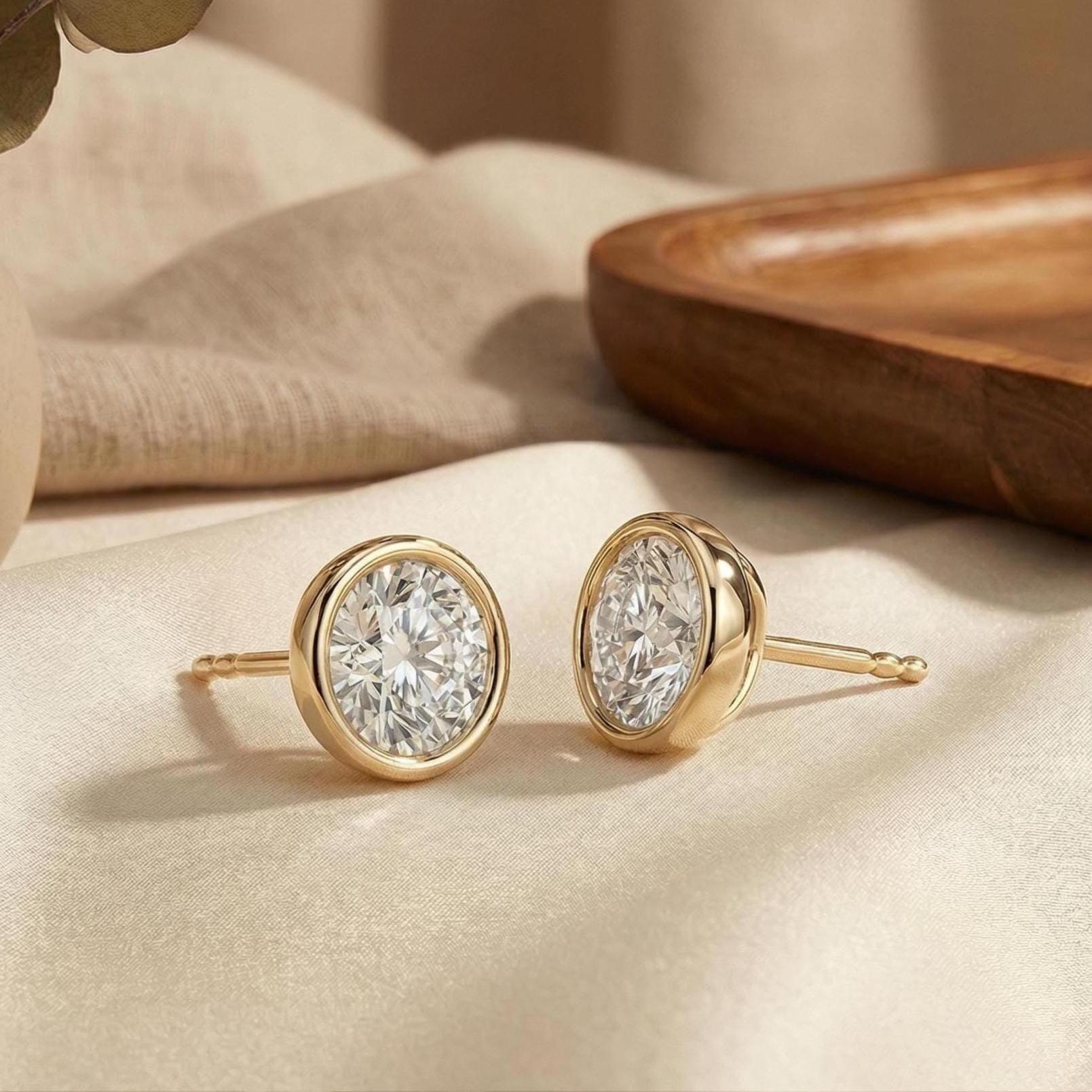14k Gold Round Brilliant Cut Studs  Bezel Set Diamond Earrings  1.00-4.00 CTW  Minimalist Gift For Her By JIORE