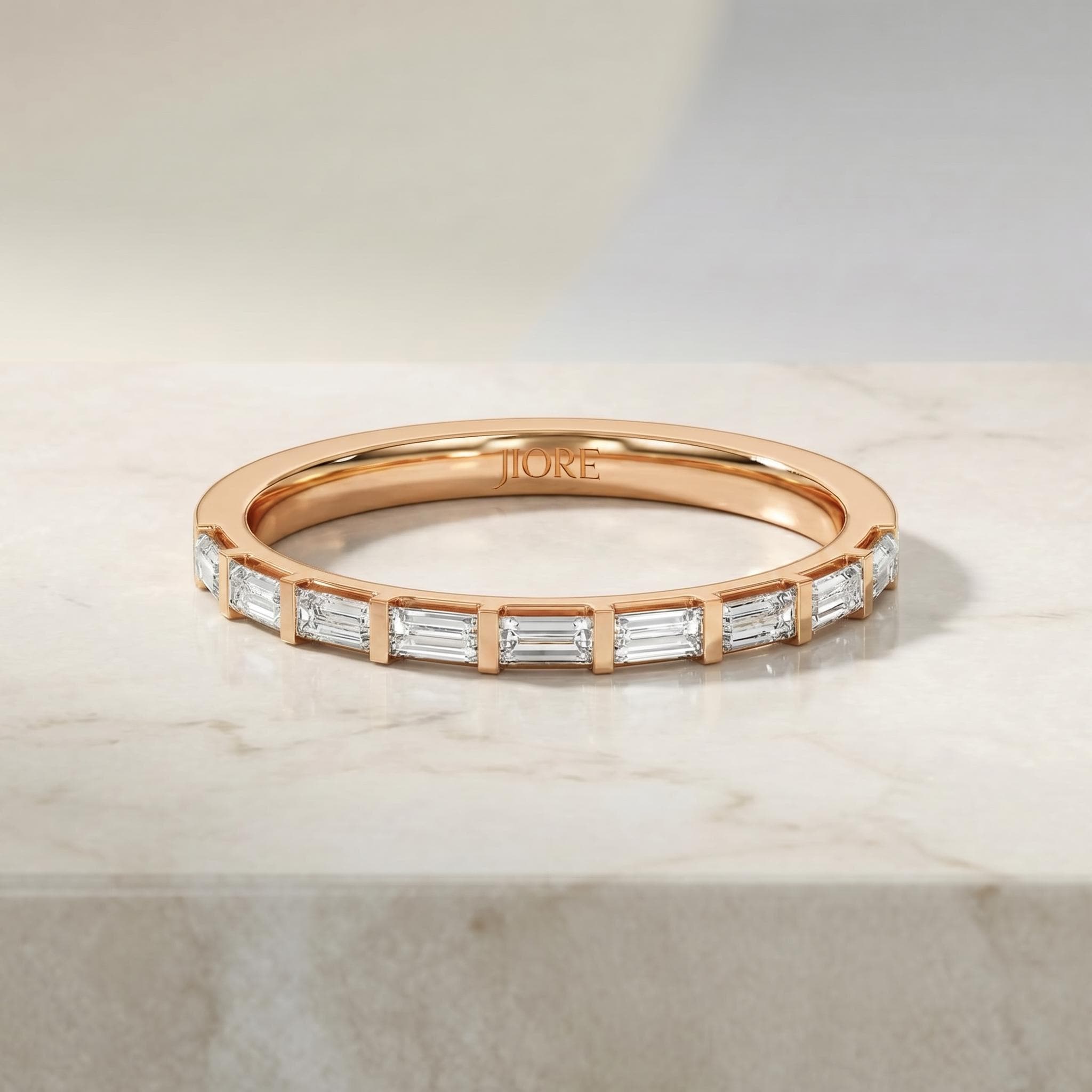 Baguette Diamond Half Way Eternity Stackable Wedding Band Ring 14K Solid Gold Bar Set