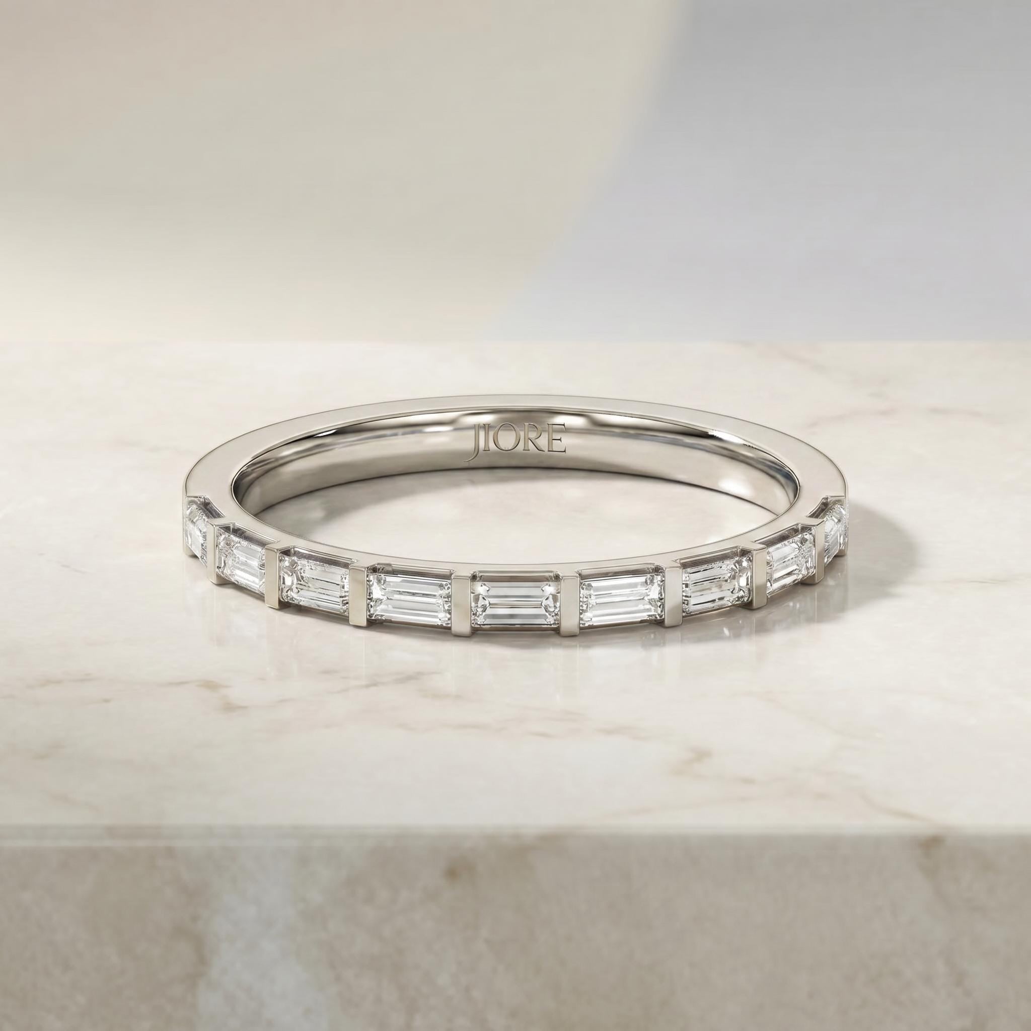 Baguette Diamond Half Way Eternity Stackable Wedding Band Ring 14K Solid Gold Bar Set