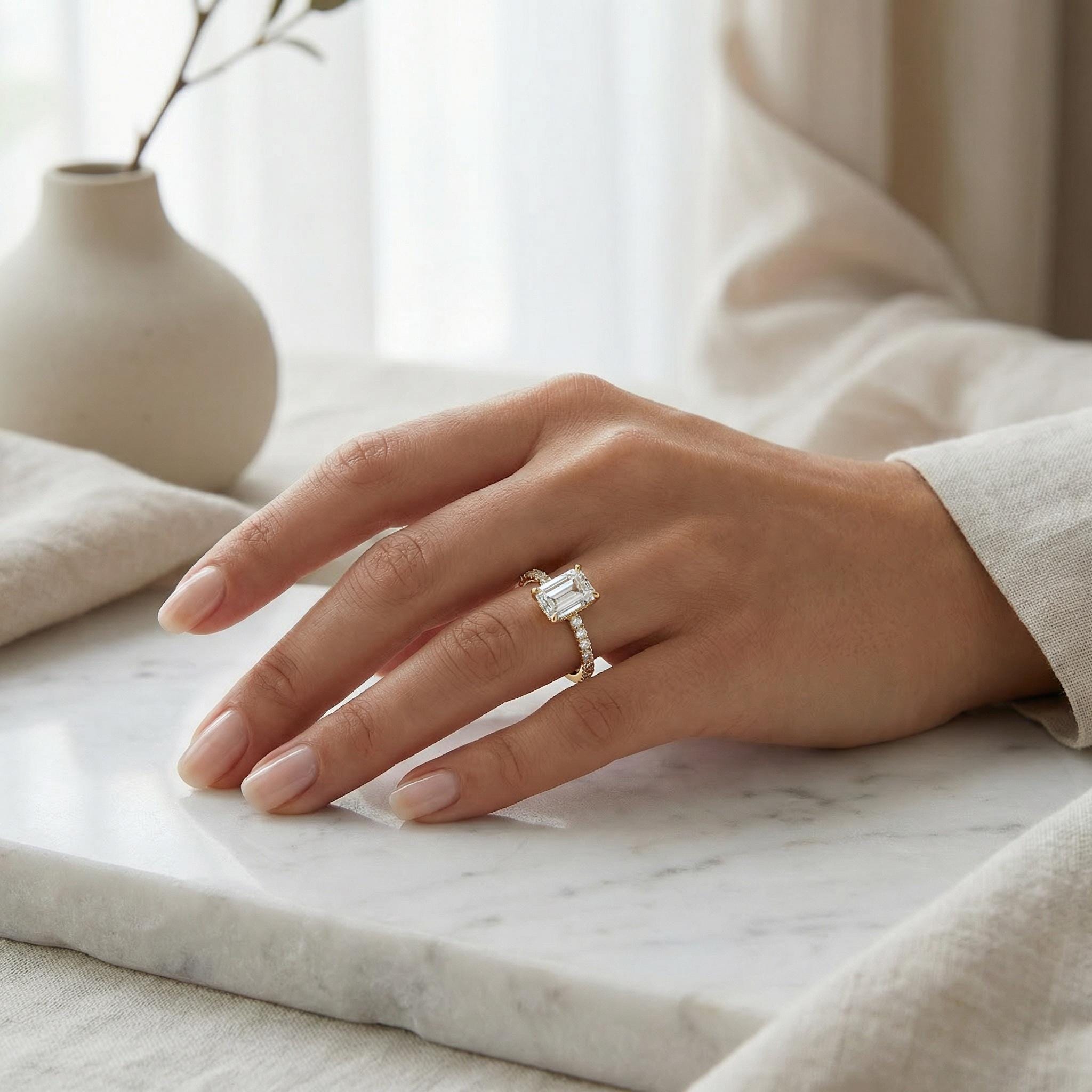 14kt Gold Pave Set Emerald Cut 1.00-3.00 Ct Solitaire Diamond Engagement Ring