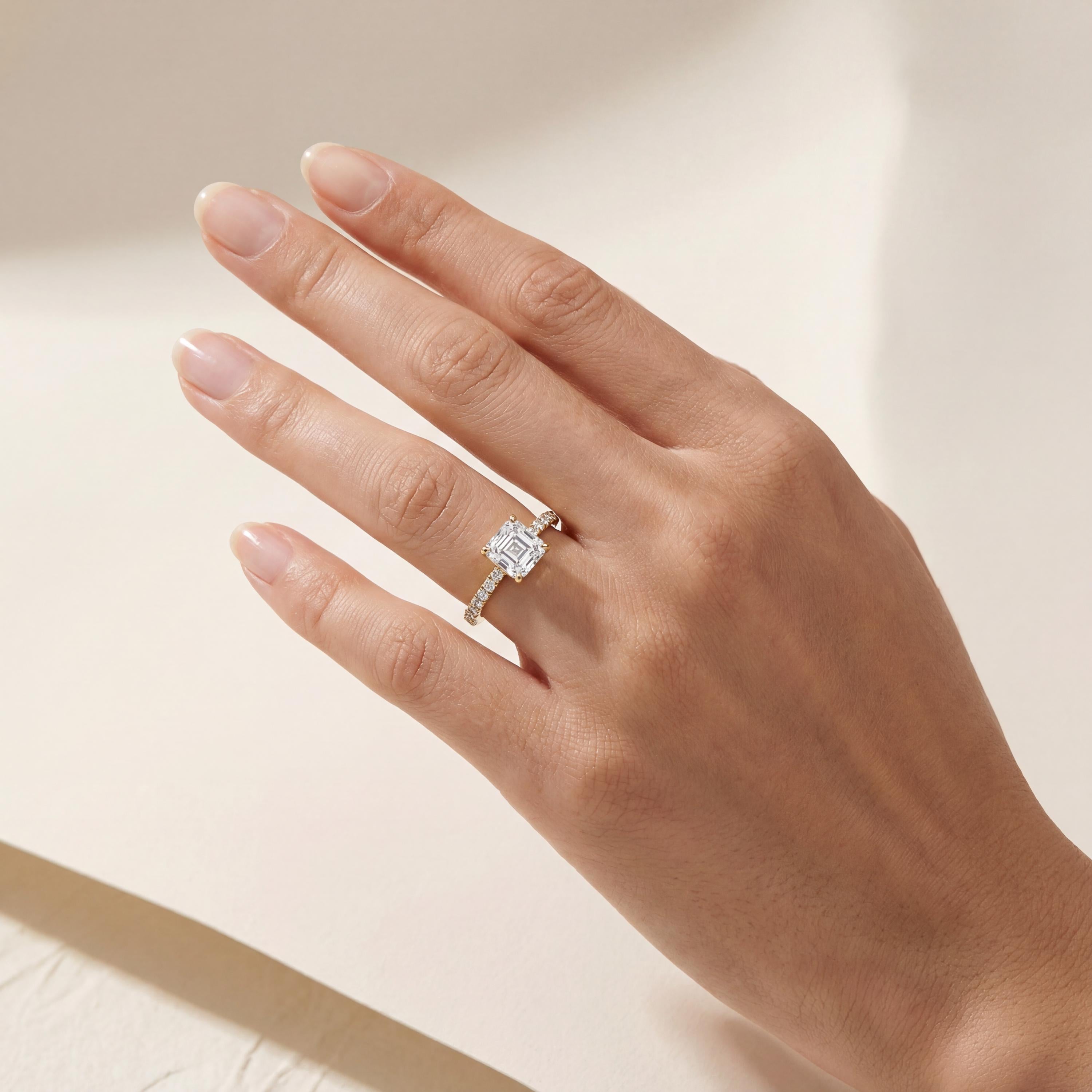 14kt Gold Pave Set Asscher Cut 3.00 Ct Solitaire Diamond Engagement Ring
