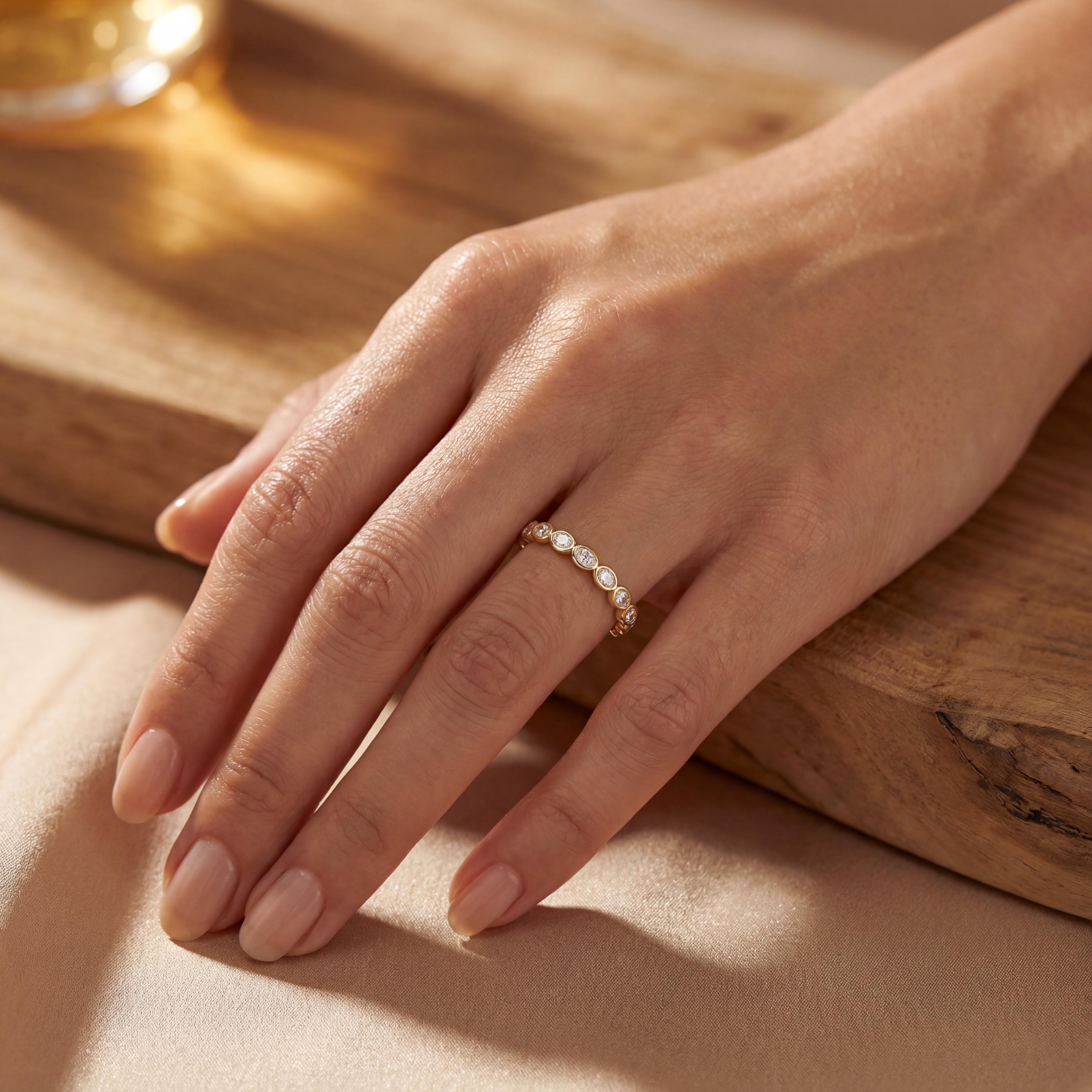 Diamond Full Eternity Wedding Band Ring Stackable 14K Solid Gold Bezel Set Oval Cut