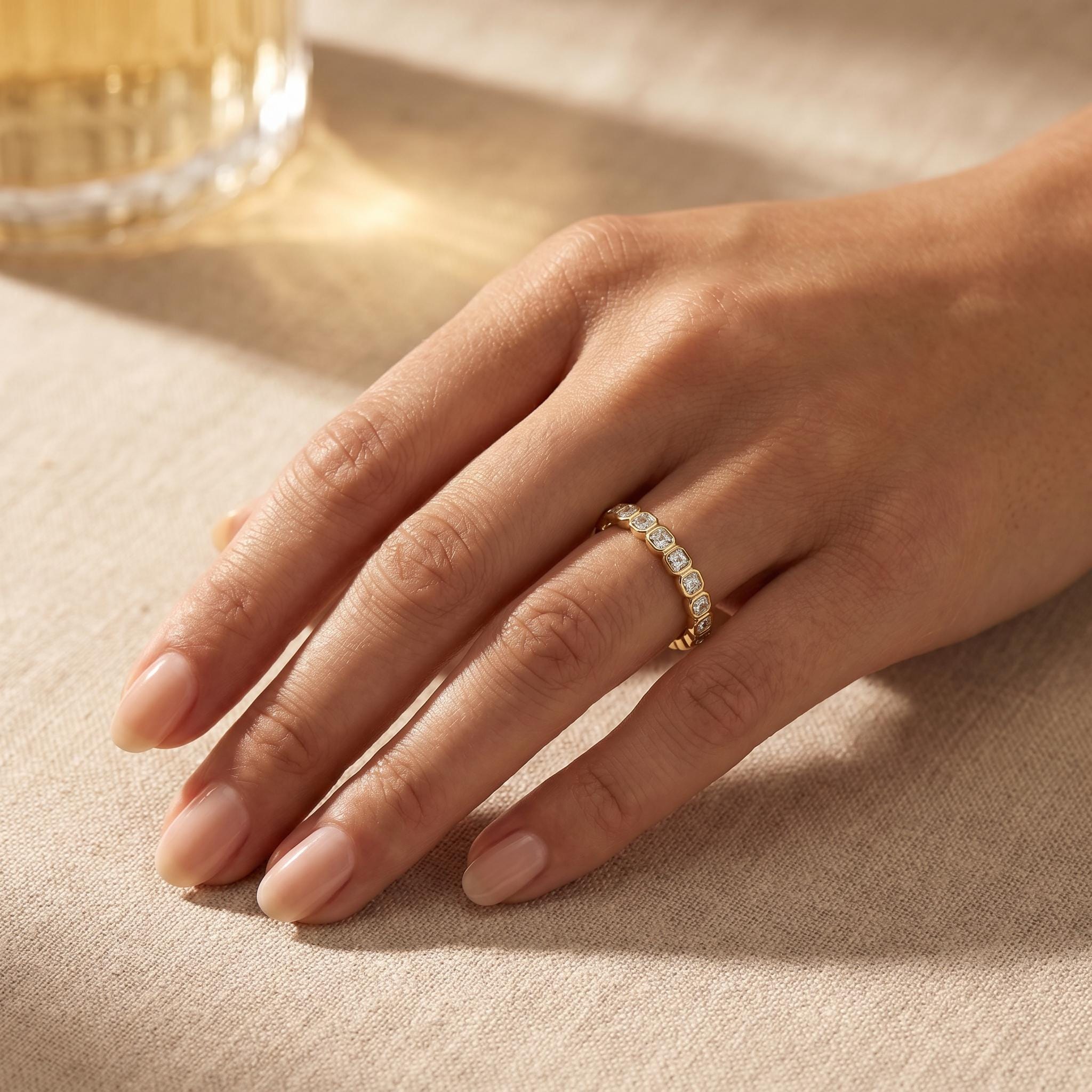 Asscher Cut Diamond Full Eternity Wedding Band Ring 14K Solid Gold Gold Bezel Set