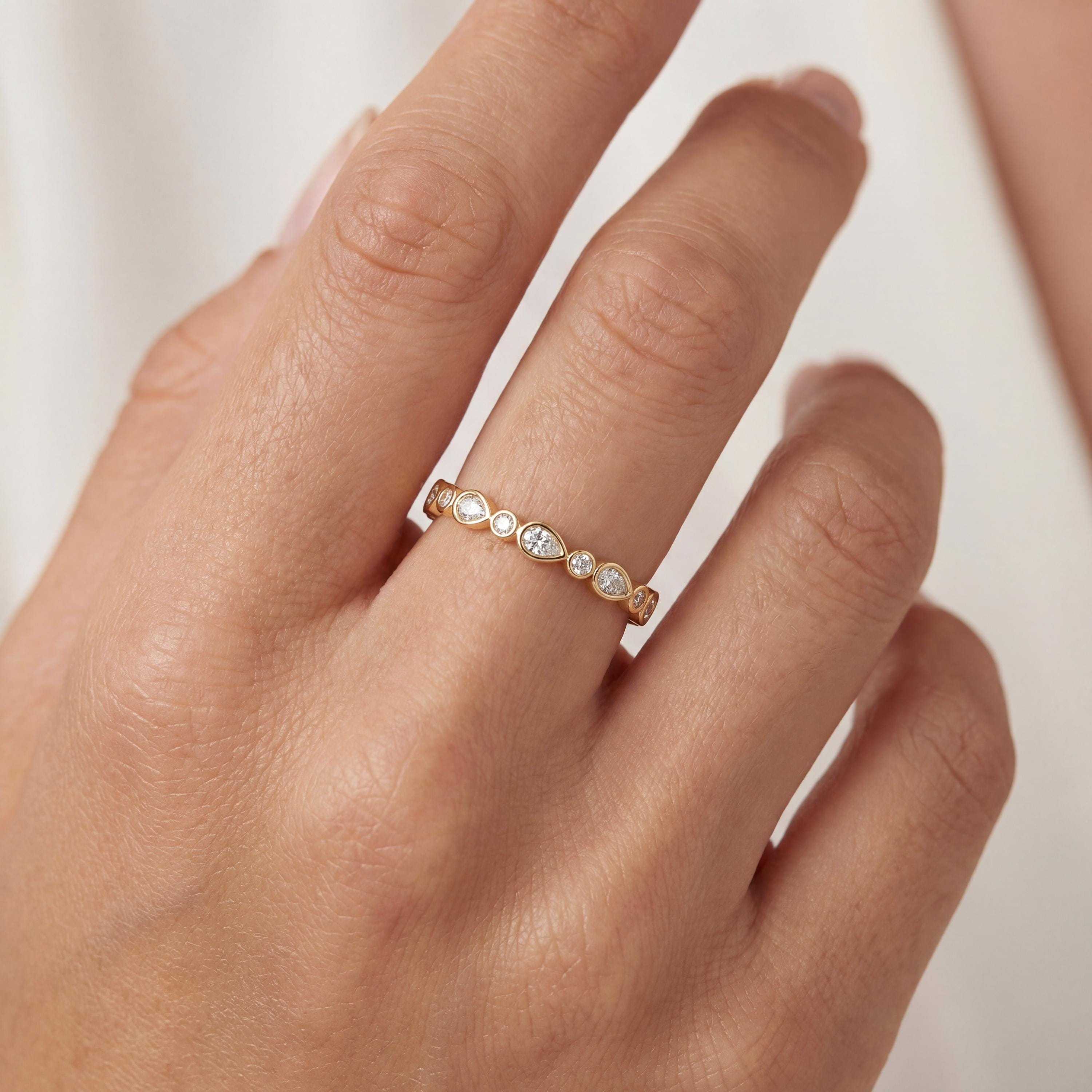 Pear & Round Cut Diamond Full Eternity Wedding Band Ring 14K Solid Gold Bezel Set