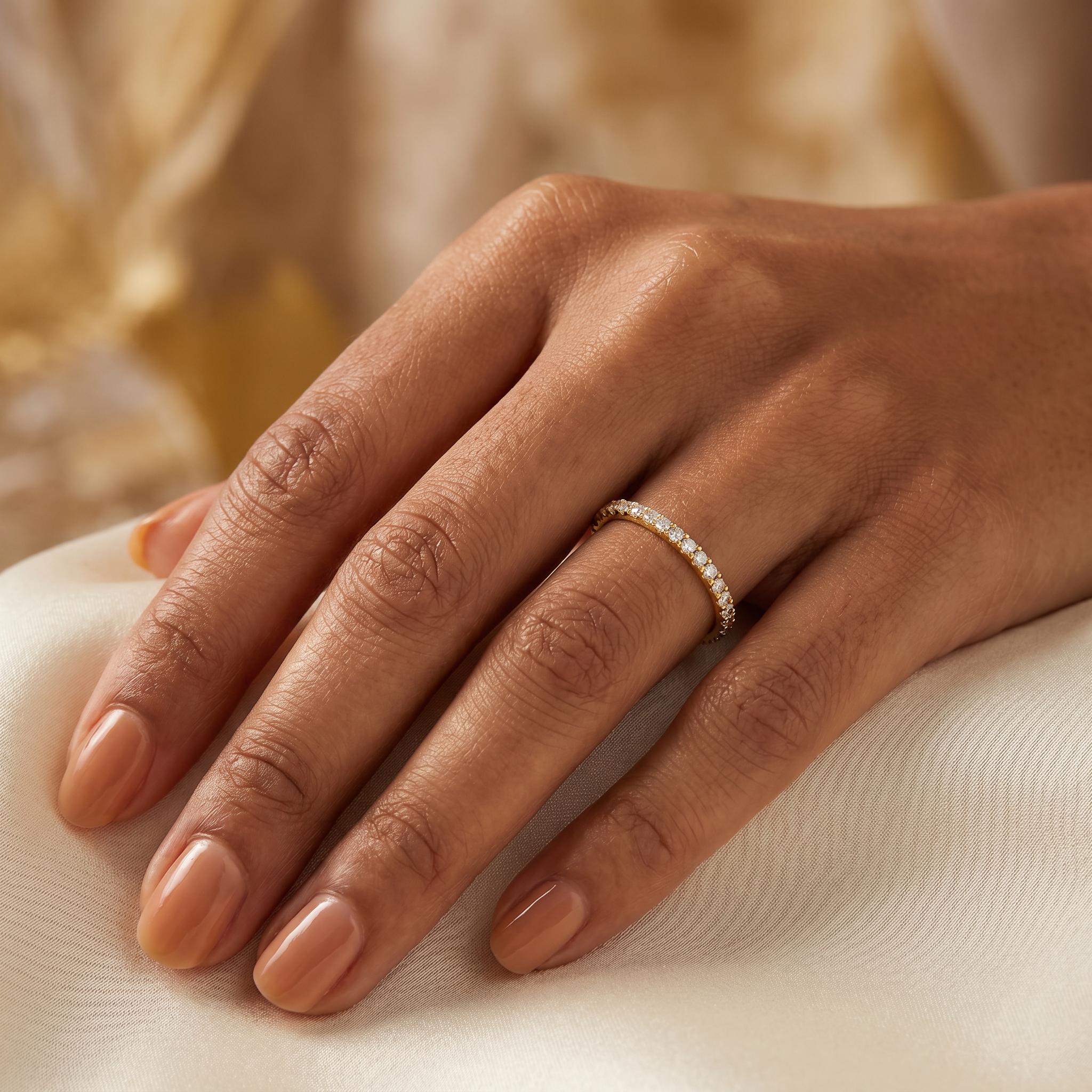 Round Diamond Full Eternity Wedding Band Stackable Ring 14K Solid Gold Pave Set