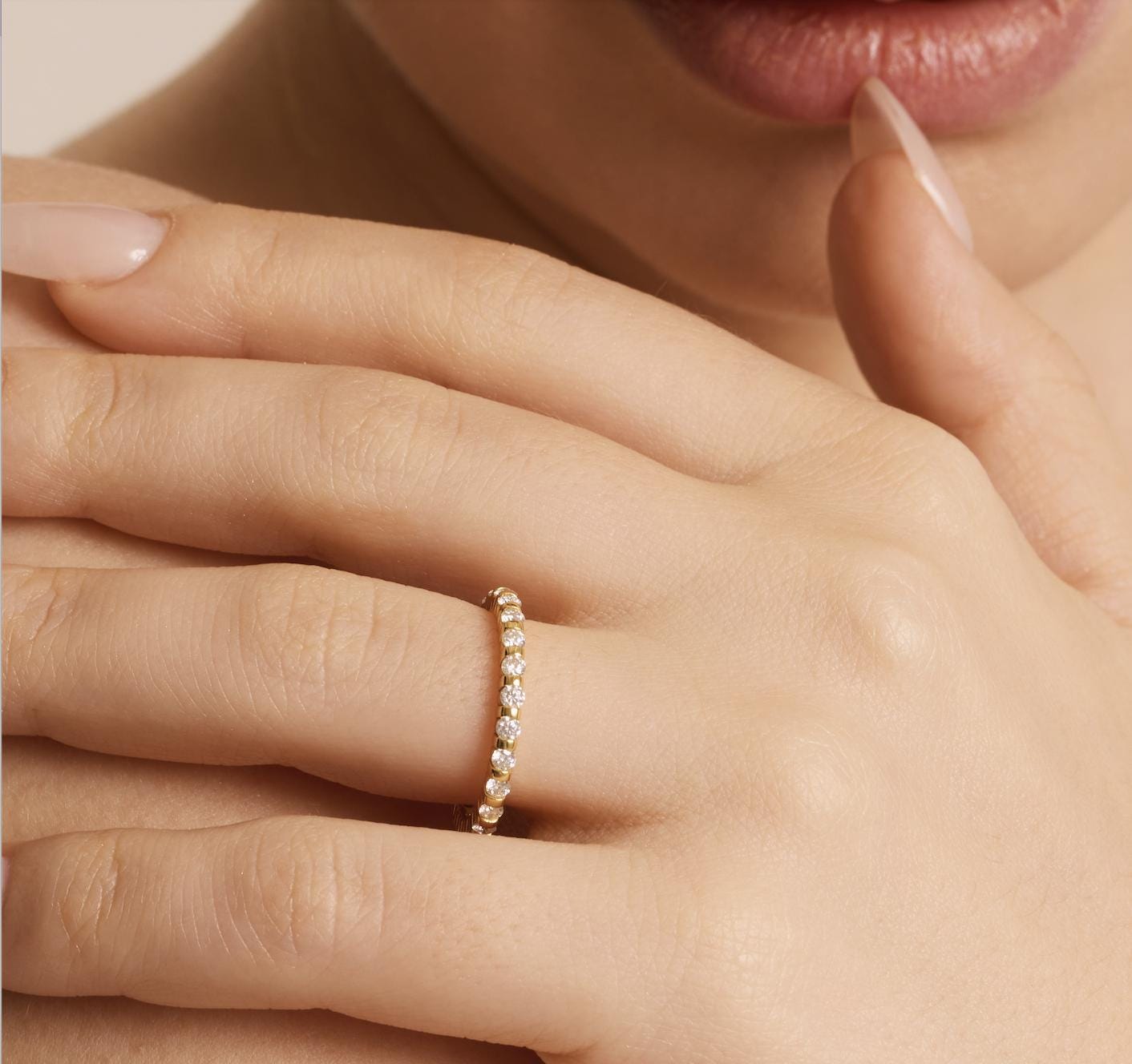 Diamond Round Full Eternity Stackable Wedding Band Ring 14K Solid Gold Bar Set